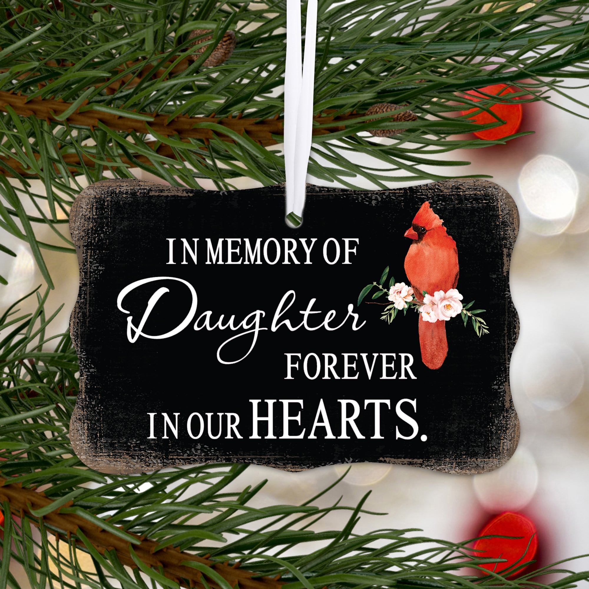 Custom Wooden Memorial Cardinal Ribbon Scalloped Ornament for Loss of Loved One - In Memory Of Daughter