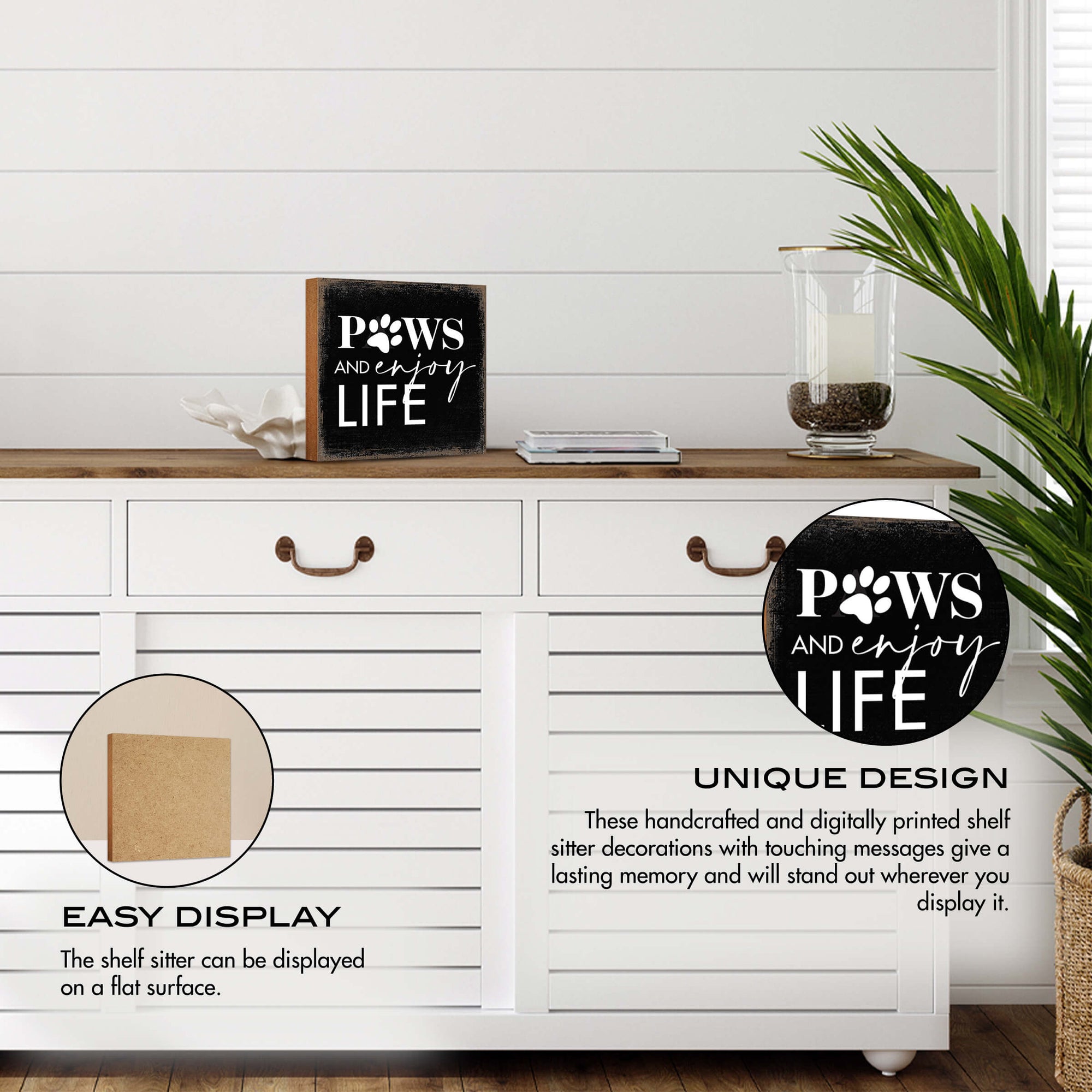 Wooden Shelf Decor and Tabletop Signs with Pet Verses - Paws and Enjoy