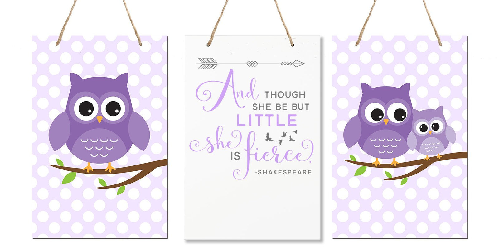 3 Piece Bedroom Nursery Owl Wall Decor Signs - Though She May Be Little She is Fierce - LifeSong Milestones