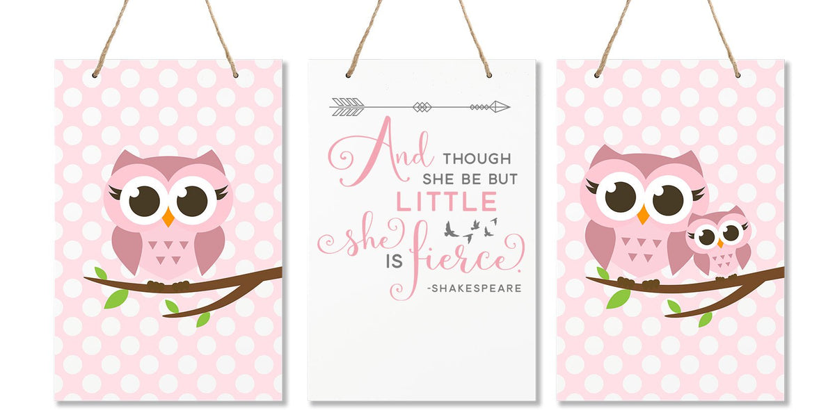3 Piece Bedroom Nursery Owl Wall Decor Signs - Though She May Be Little She is Fierce - LifeSong Milestones