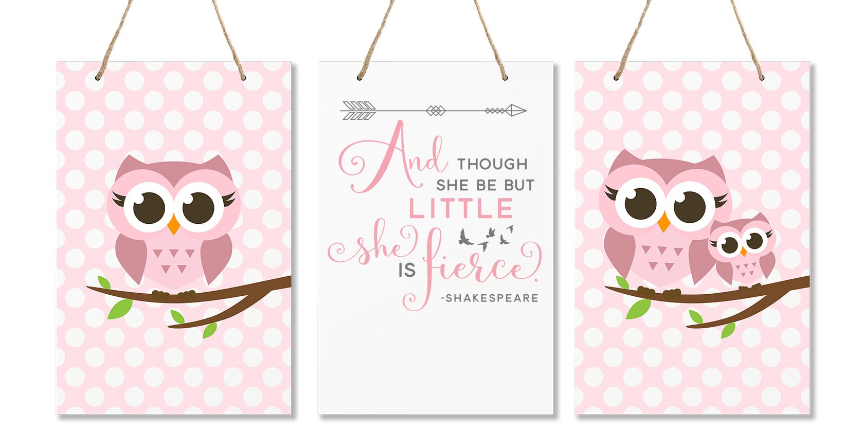 3 Piece Bedroom Nursery Owl Wall Decor Signs - Though She May Be Little She is Fierce - LifeSong Milestones
