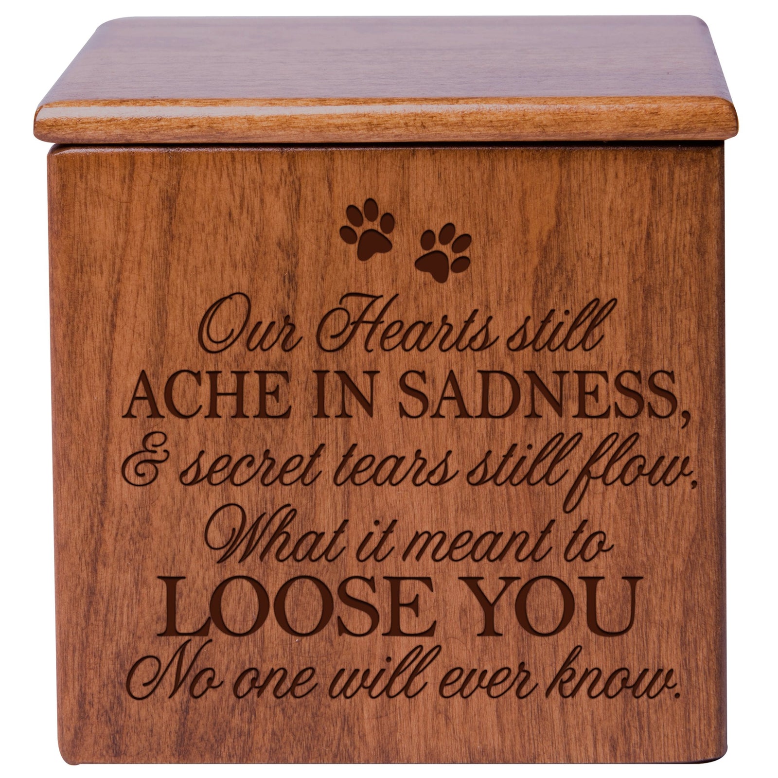 Cherry Pet Memorial 3.5x3.5 Keepsake Urn with phrase "Our Hearts Still Ache In Sadness"