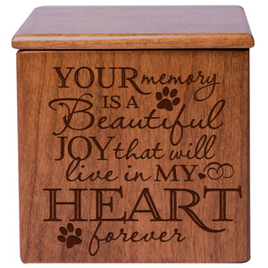 Cherry Pet Memorial 3.5x3.5 Keepsake Urn with phrase "Your Memory Is A Beautiful Joy"