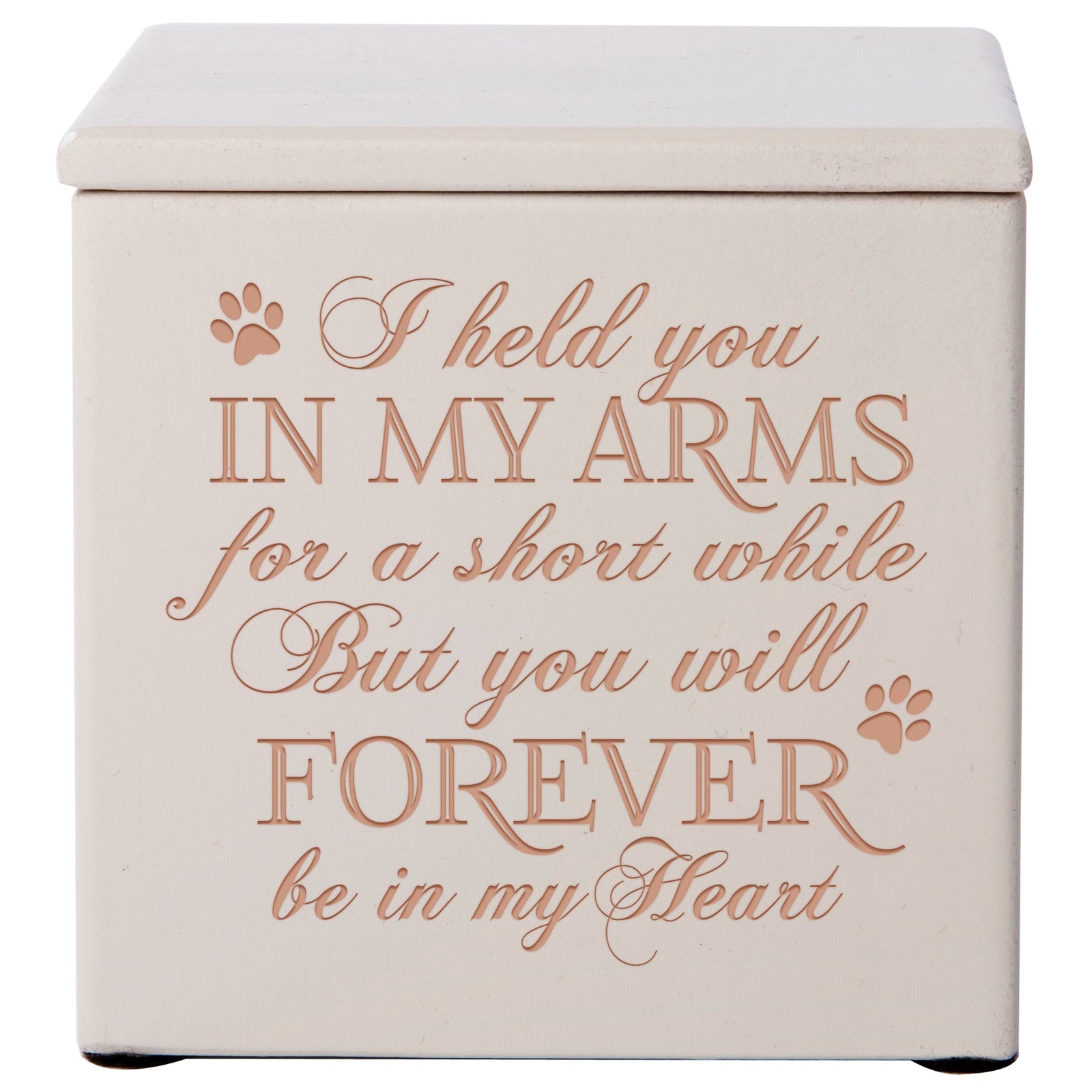Ivory Pet Memorial 3.5x3.5 Keepsake Urn with phrase "I Held You In My Arms"