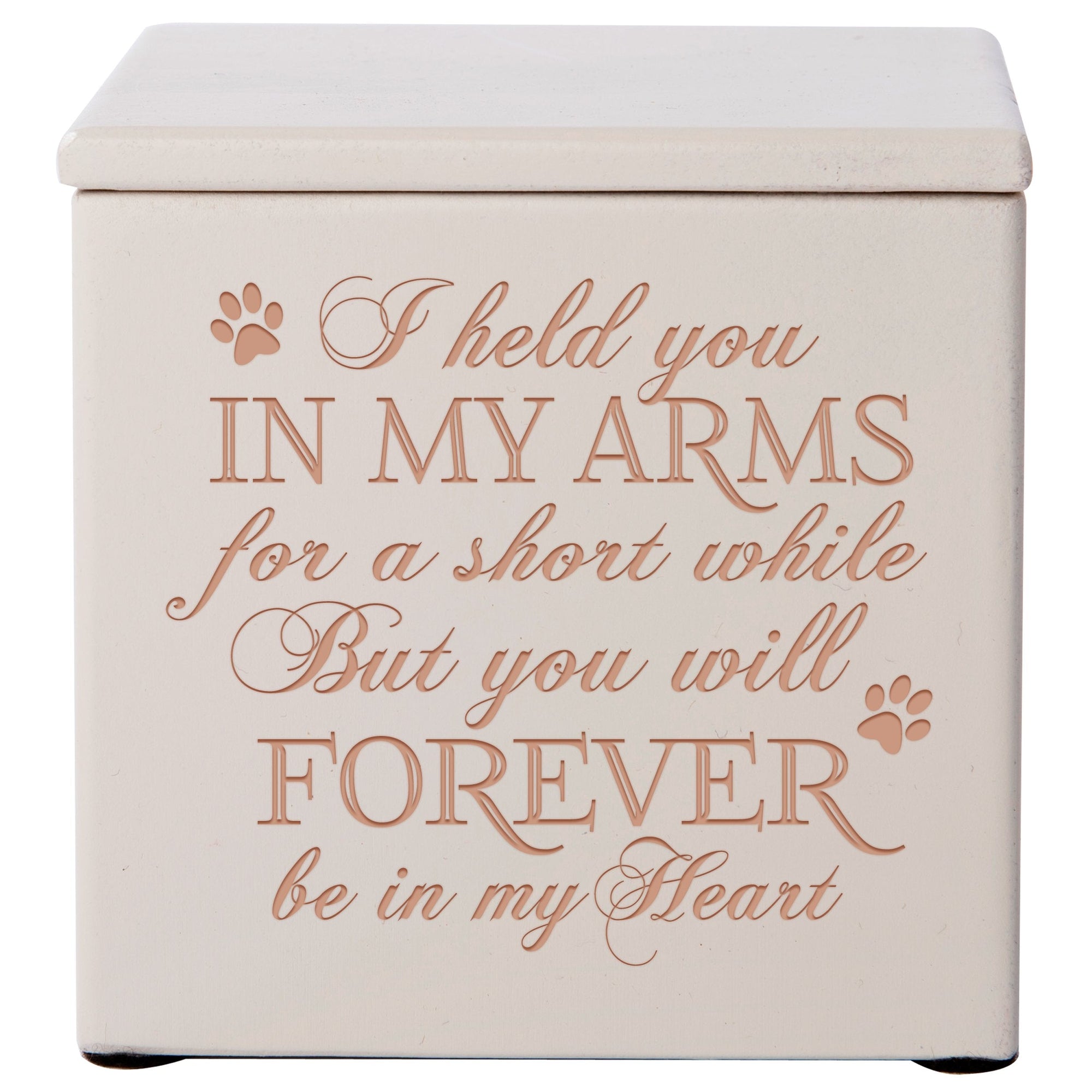 Ivory Pet Memorial 3.5x3.5 Keepsake Urn with phrase "I Held You In My Arms"