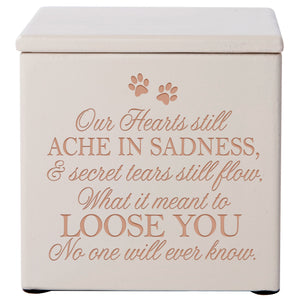 Ivory Pet Memorial 3.5x3.5 Keepsake Urn with phrase "Our Hearts Still Ache In Sadness"