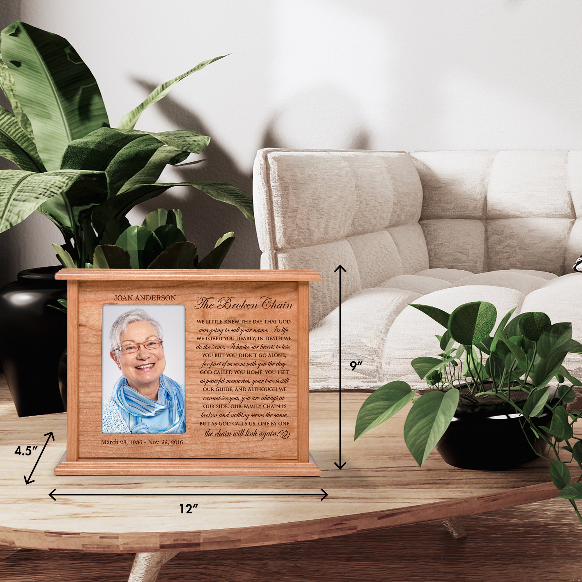 Custom Engraved Cherry Wood Urn Box with 4x6 Photo holds 200 cu in of Human Ashes The Broken Chain