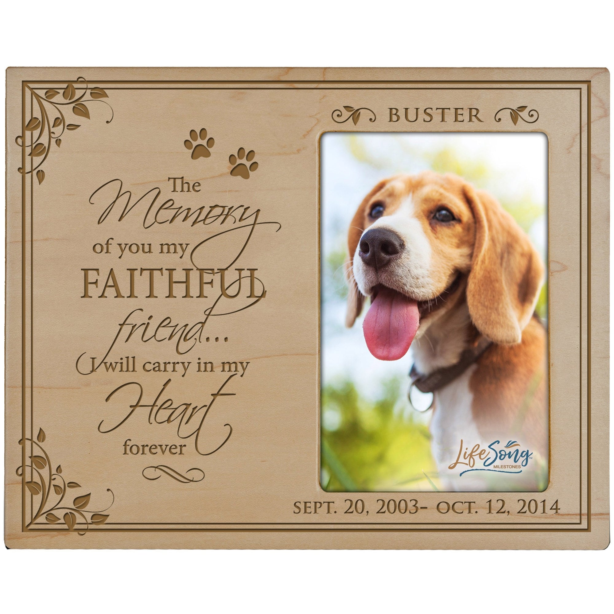 8x10 Maple Pet Memorial Picture Frame with the phrase "In Memory of You My Faithful Friend"