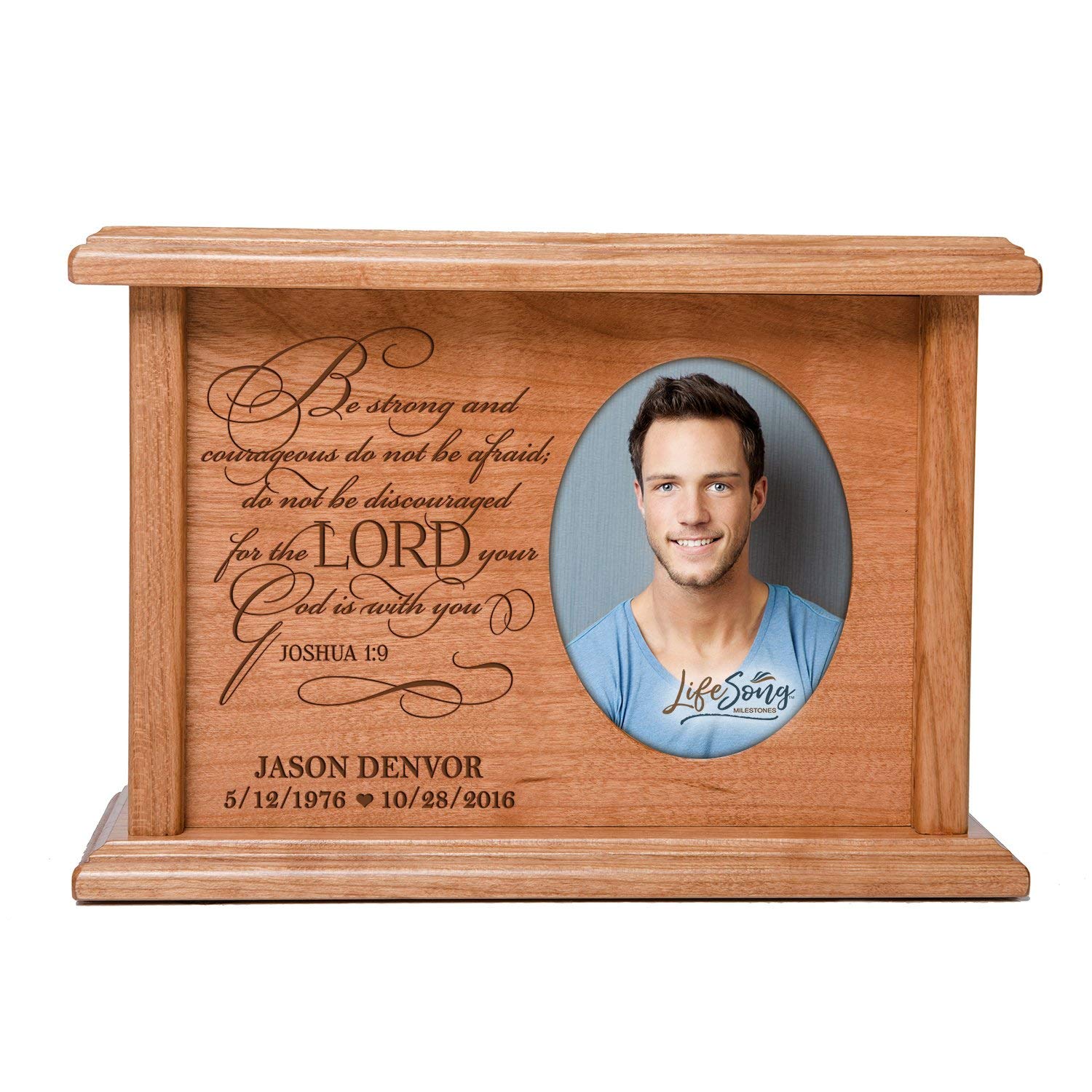 Custom Memorial Cremation Urn Box for Human Ashes holds 2x3 photo and holds 65 cu in Be Strong and Courageous