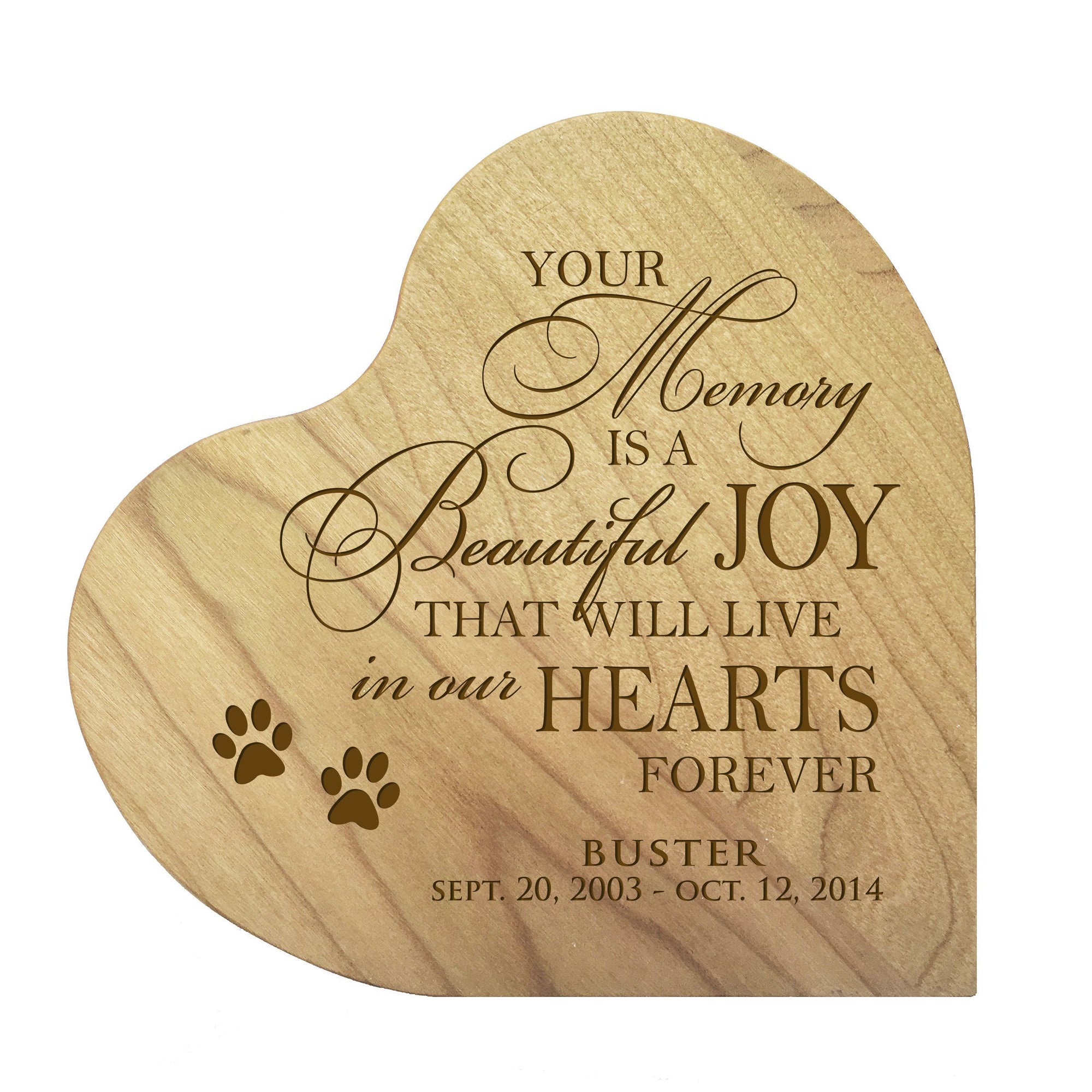 Maple Pet Memorial Heart Block Decor with phrase "Your Memory Is A Beautiful Joy"