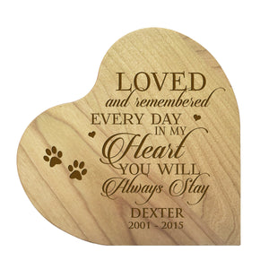 Maple Pet Memorial Heart Block Decor with phrase "Loved and Remembered"