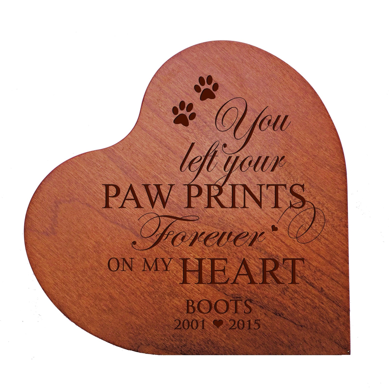 Cherry Pet Memorial Heart Block Decor with phrase "You Left Your Paw Prints"