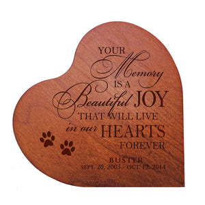 Cherry Pet Memorial Heart Block Decor with phrase "Your Memory Is A Beautiful Joy"