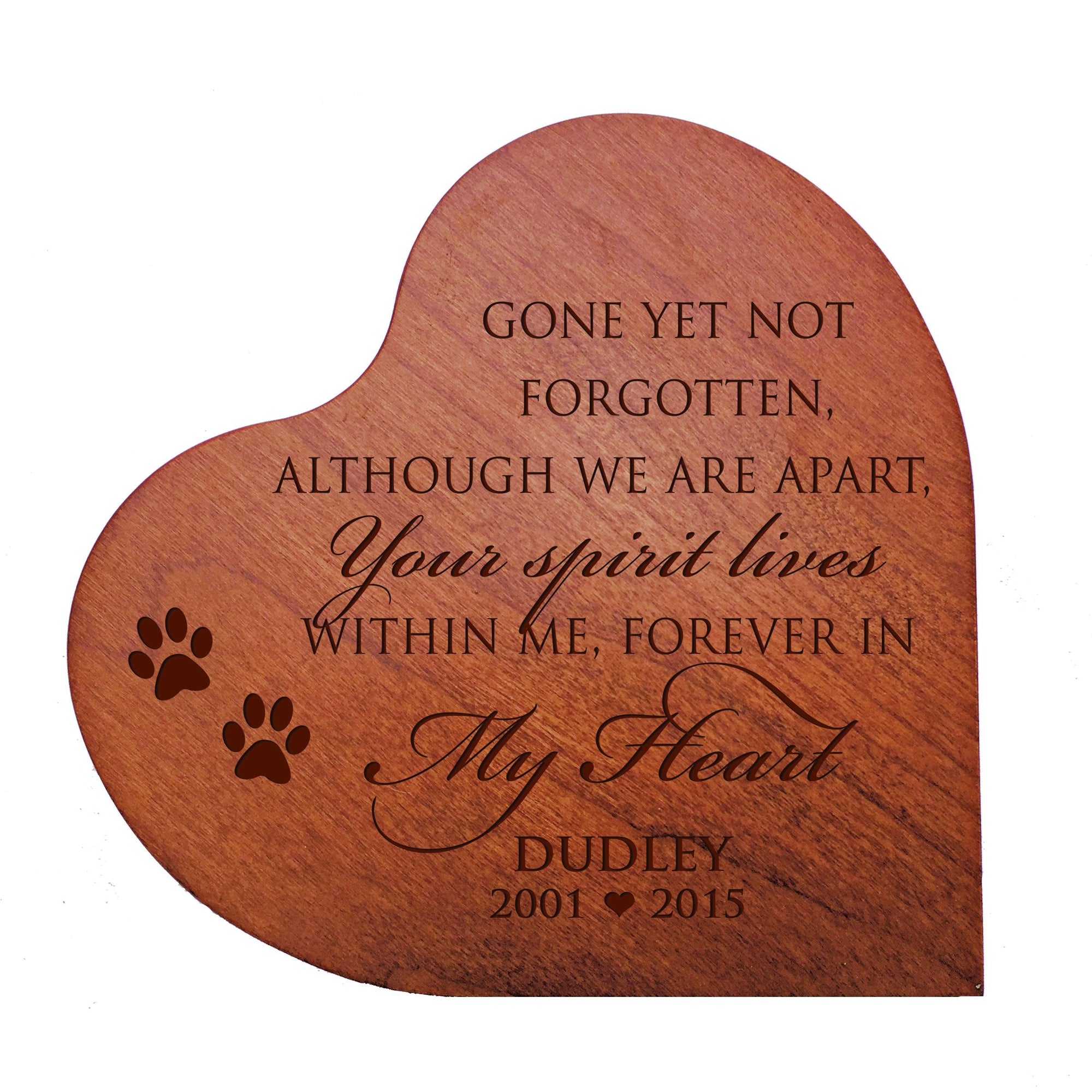 Cherry Pet Memorial Heart Block Decor with phrase "Gone But Not Forgotten"