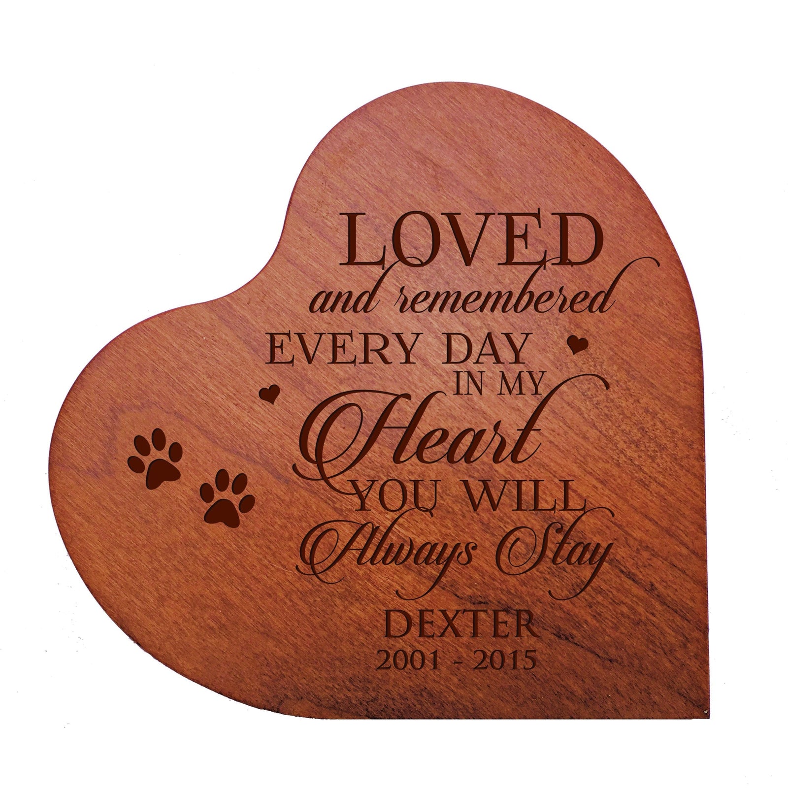 Cherry Pet Memorial Heart Block Decor with phrase "Loved and Remembered"