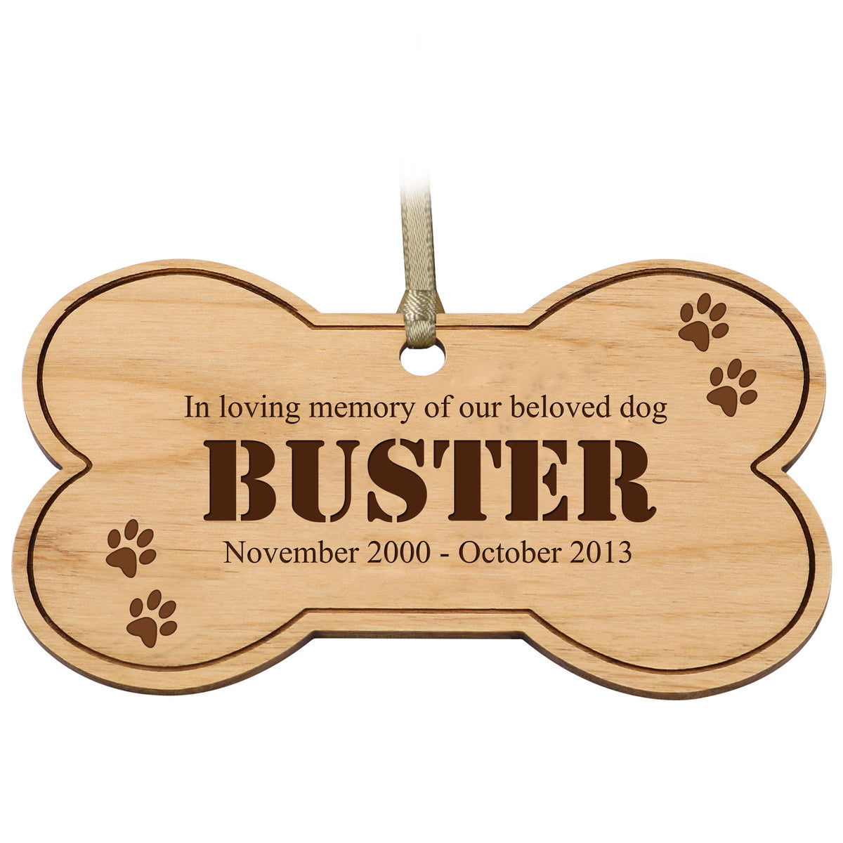Wooden Pet Memorial Dog Bone Ornament with phrase &quot;In Loving Memory&quot;