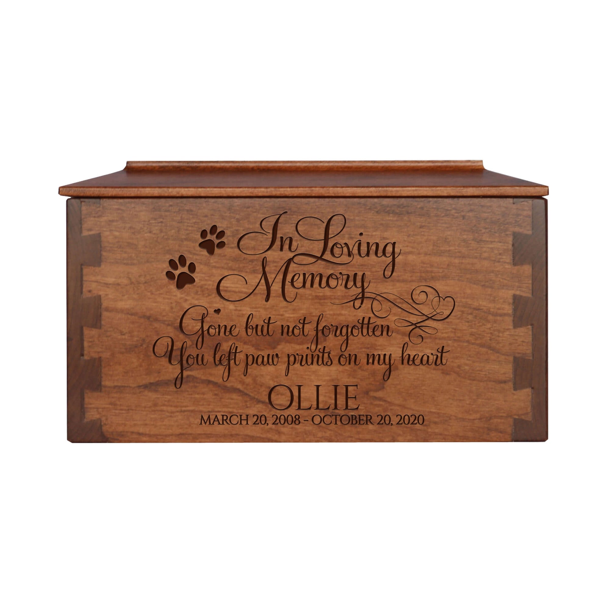 Pet Memorial Dovetail Cremation Urn Box for Dog or Cat - In Loving Memory