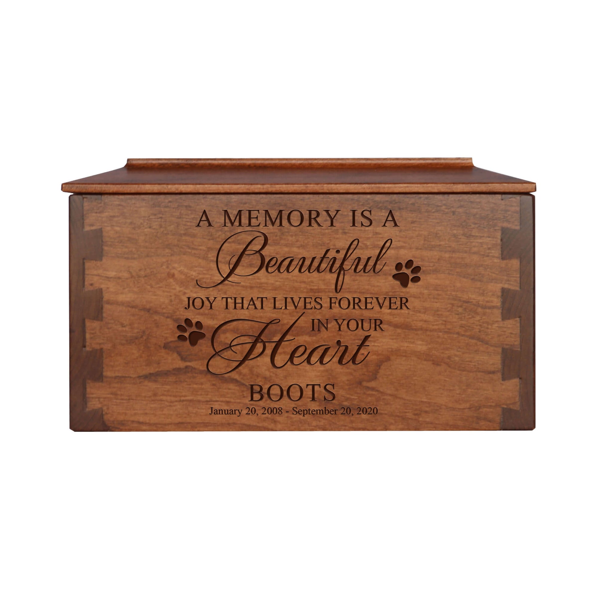 Pet Memorial Dovetail Cremation Urn Box for Dog or Cat - A Memory Is A Beautiful Joy