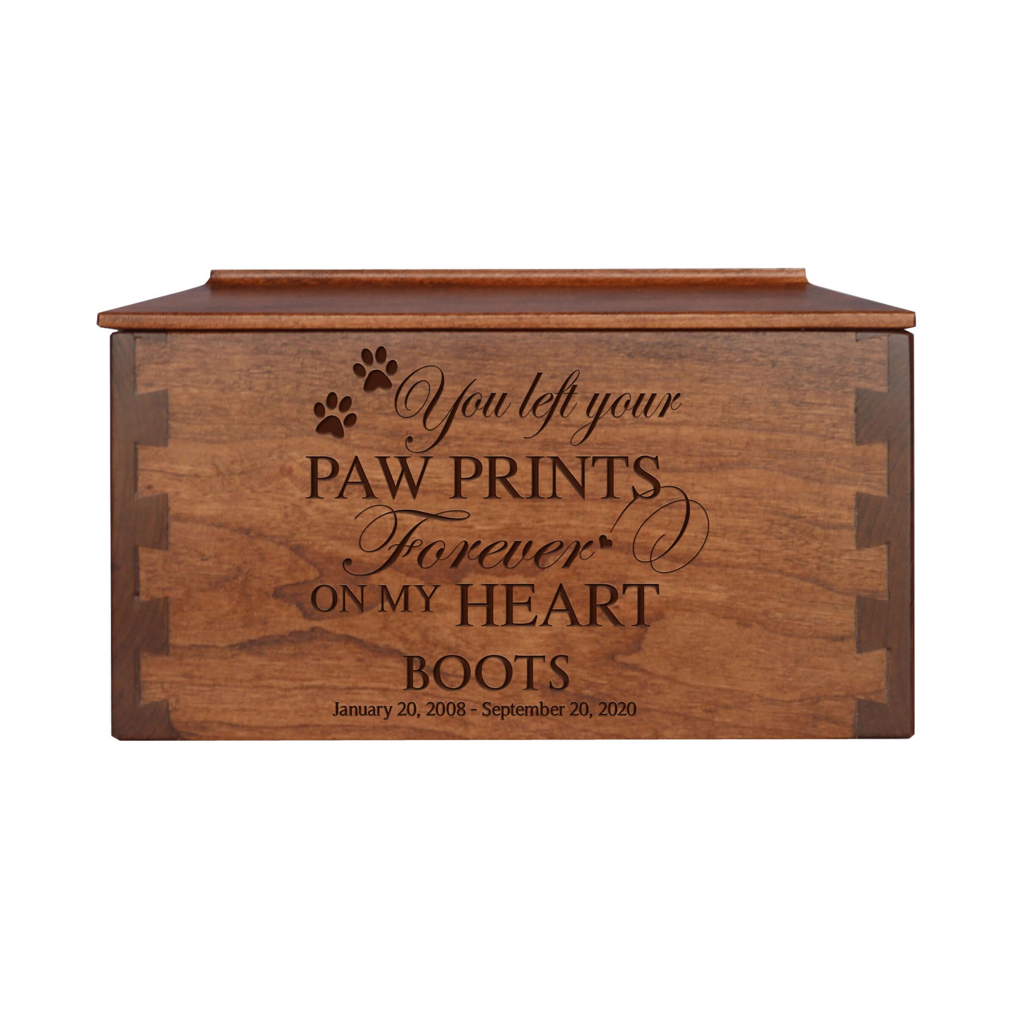 Pet Memorial Dovetail Cremation Urn Box for Dog or Cat - You Left Your Paw Prints