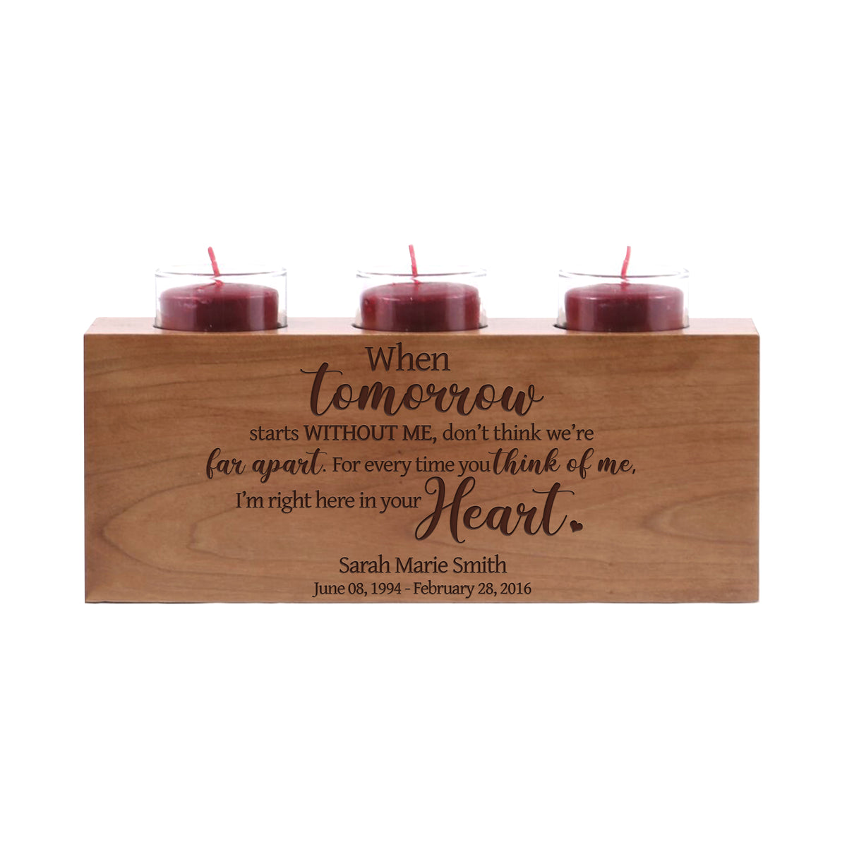 LifeSong Milestones Personalized Memorial Sympathy 3 Votive Candle Holder - When Tomorrow Starts Engraved Tea Light Candle Loss of Loved One Gift - 10” x 4” x 4”.