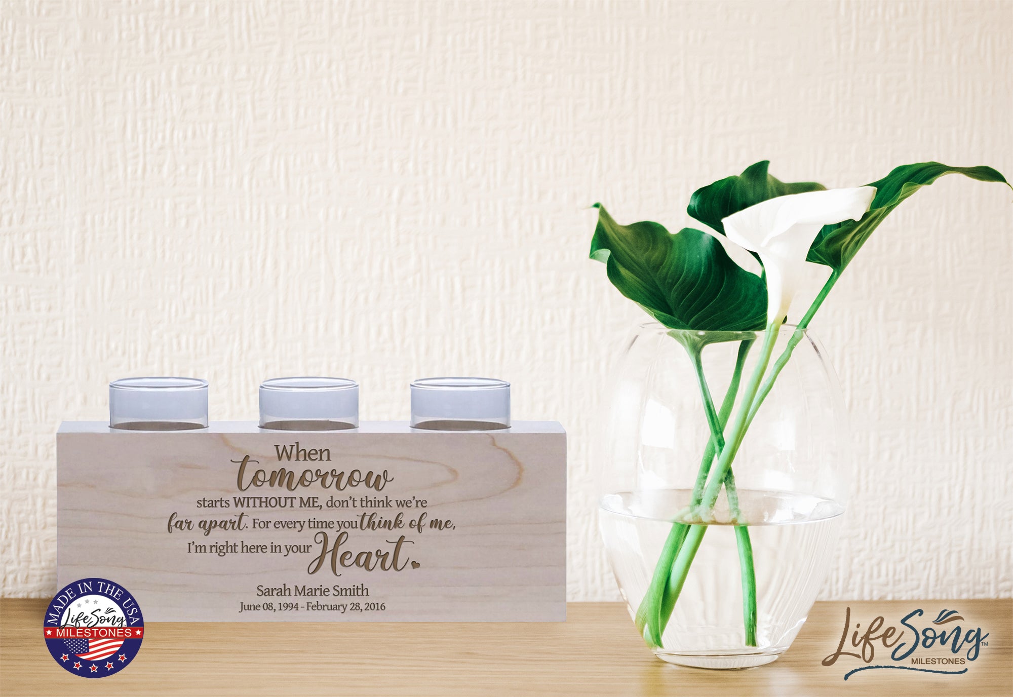 LifeSong Milestones Personalized Memorial Sympathy 3 Votive Candle Holder - When Tomorrow Starts Engraved Tea Light Candle Loss of Loved One Gift - 10” x 4” x 4”.
