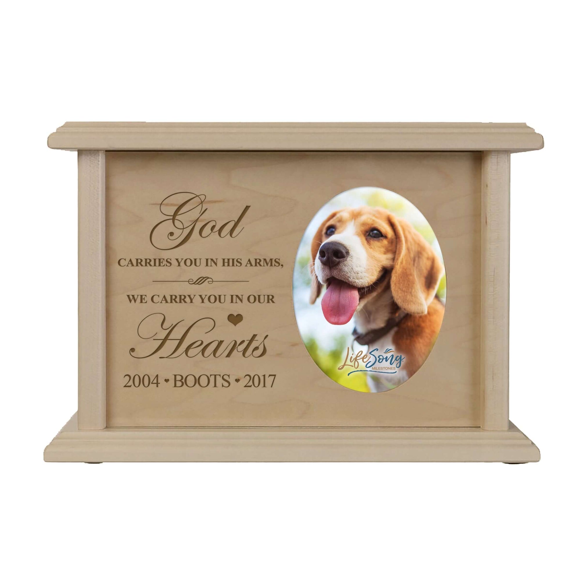 Pet Memorial Picture Cremation Urn Box for Dog or Cat - God Carries You In His Arms