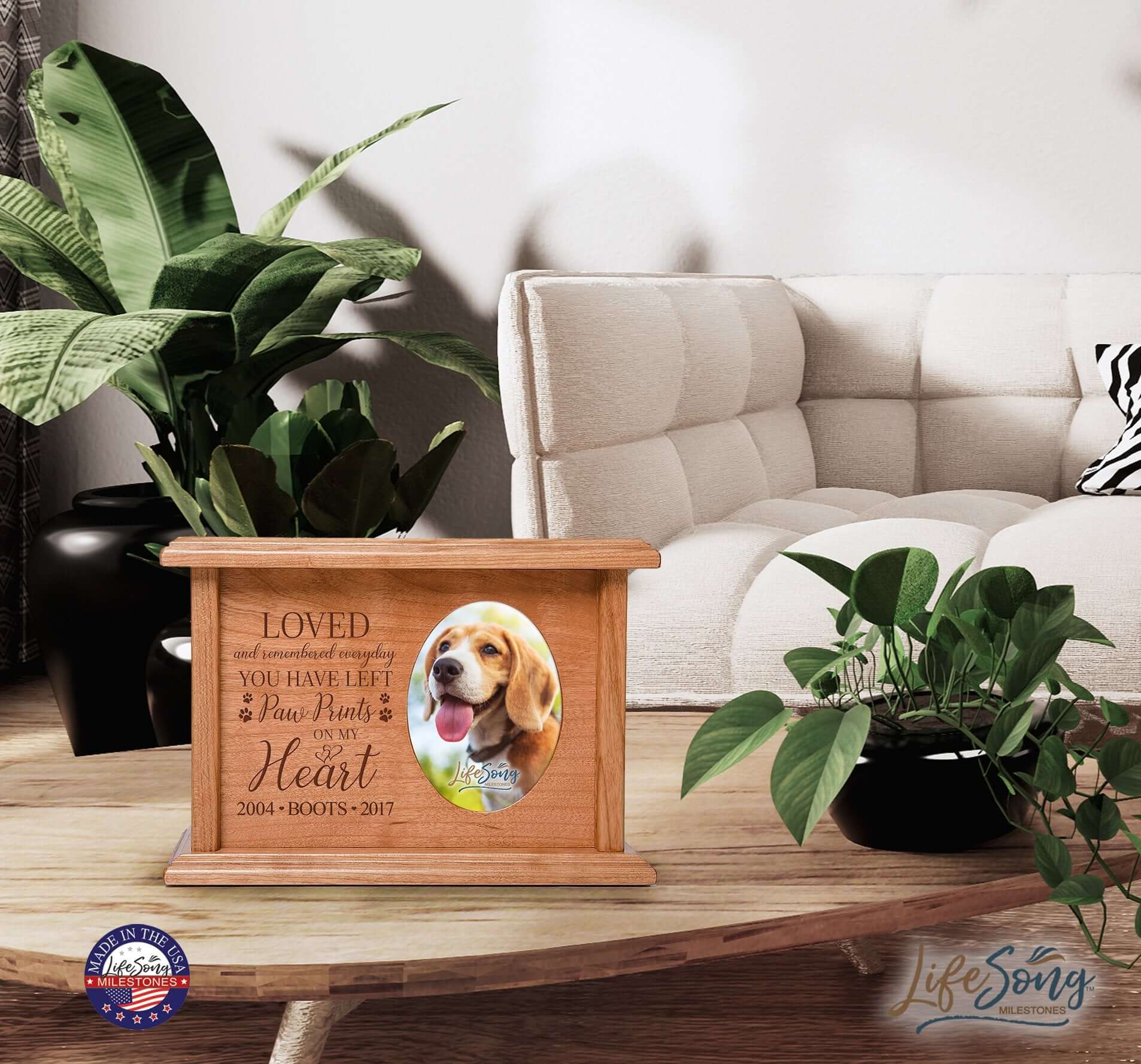 Pet Memorial Picture Cremation Urn Box for Dog or Cat - Loved and Remembered