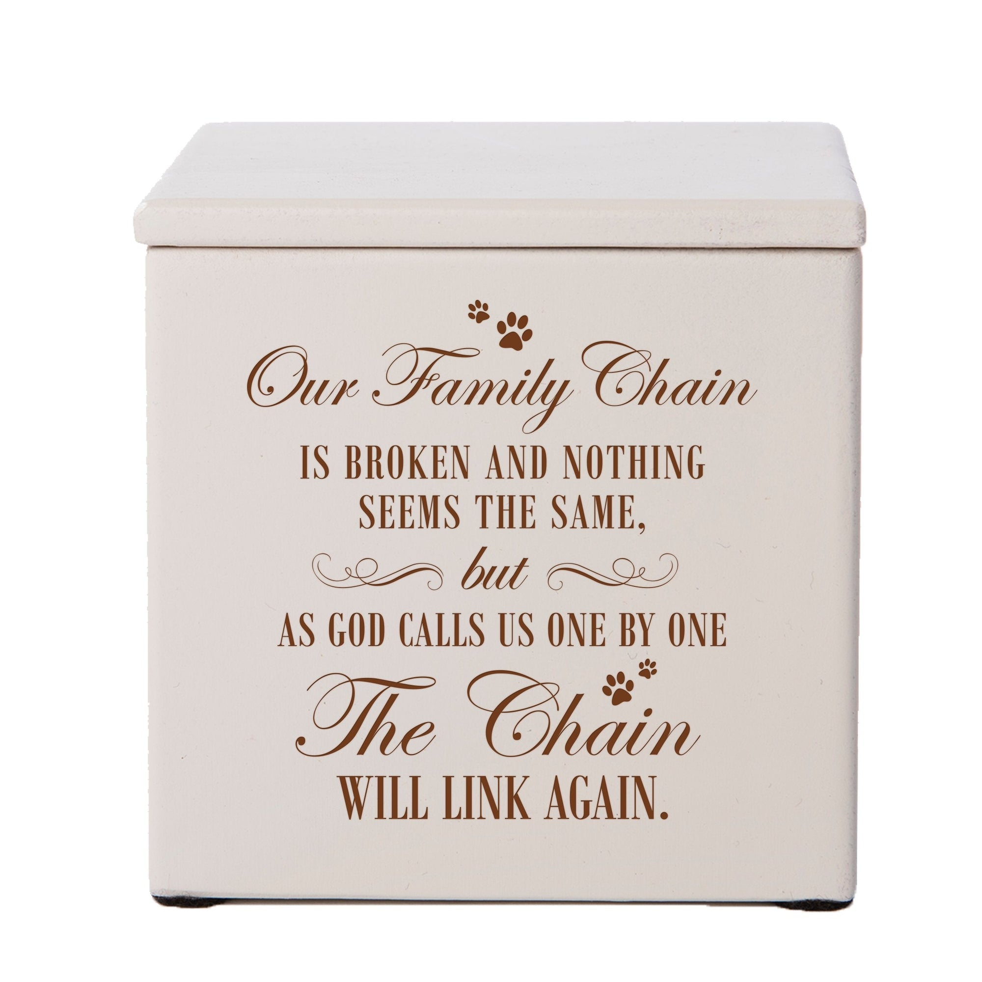 Ivory Pet Memorial 3.5x3.5 Keepsake Urn with phrase "Our Family Chain"