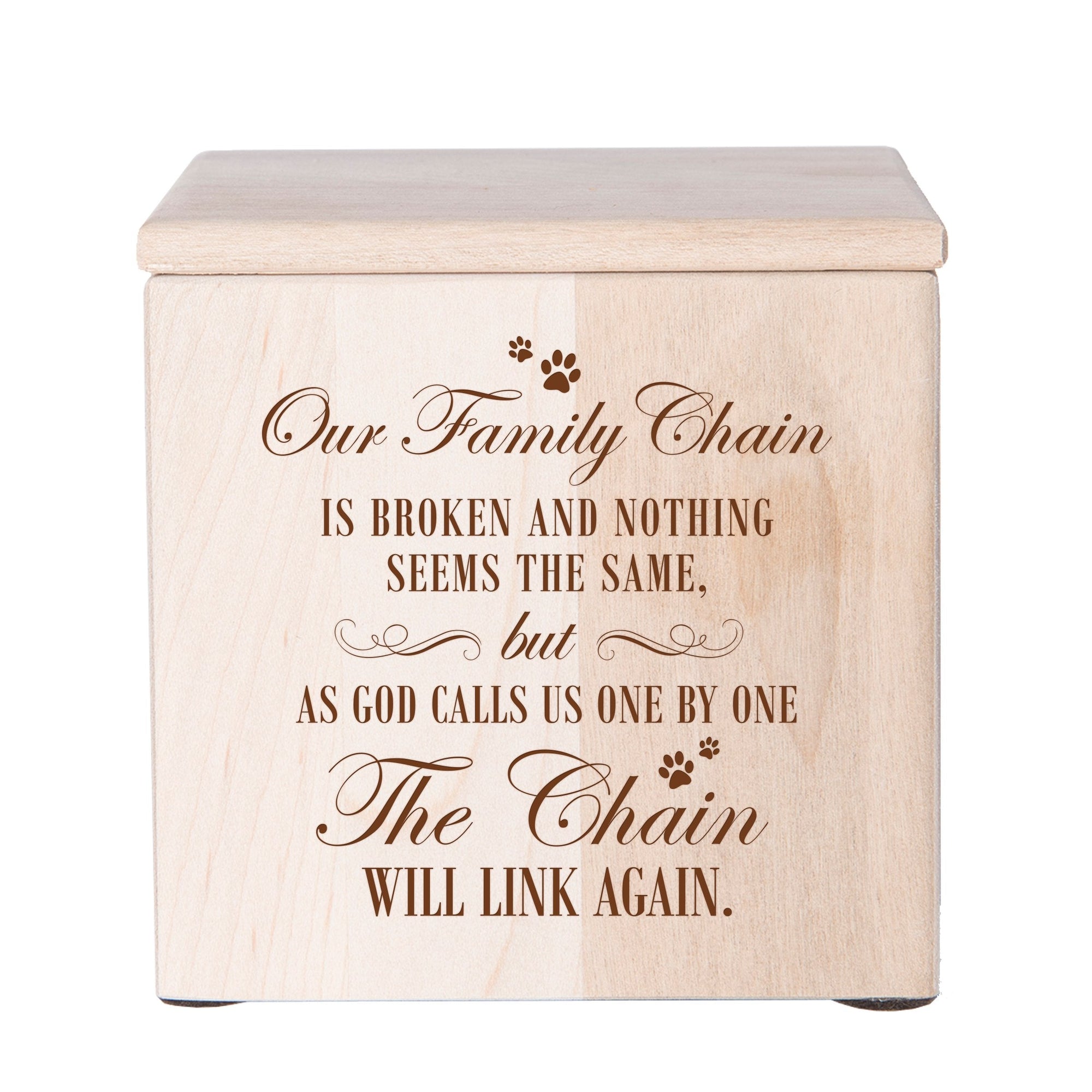 Maple Pet Memorial 3.5x3.5 Keepsake Urn with phrase "Our Family Chain"