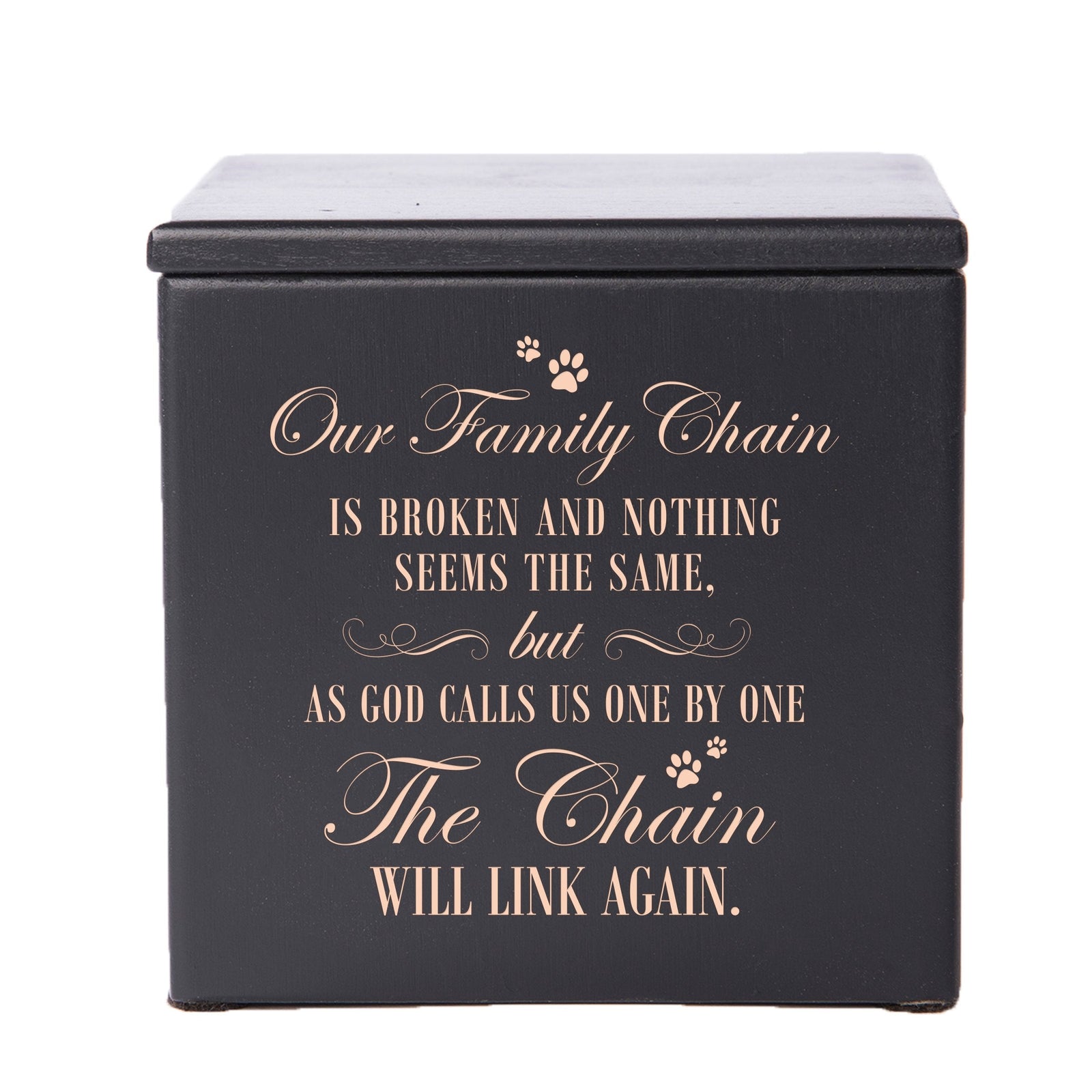 Black Pet Memorial 3.5x3.5 Keepsake Urn with phrase "Our Family Chain"