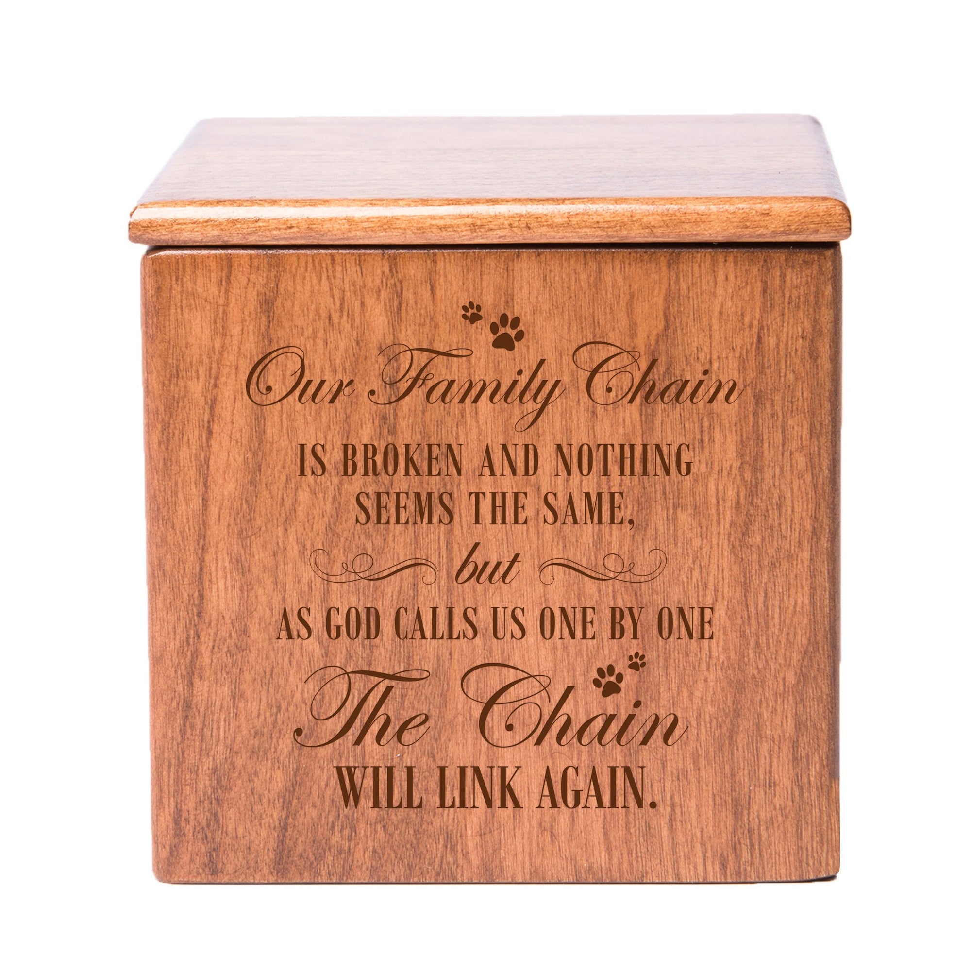 Cherry Pet Memorial 3.5x3.5 Keepsake Urn with phrase "Our Family Chain"