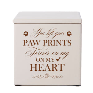 Ivory Pet Memorial 3.5x3.5 Keepsake Urn with phrase "You Left Paw Prints On My Heart"