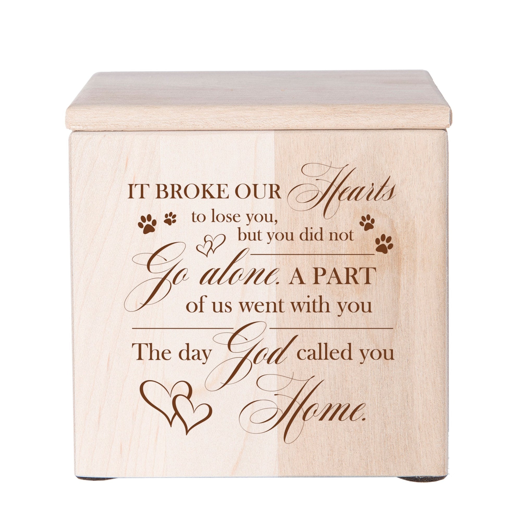 Maple Pet Memorial 3.5x3.5 Keepsake Urn with phrase "It Broke Our Hearts"