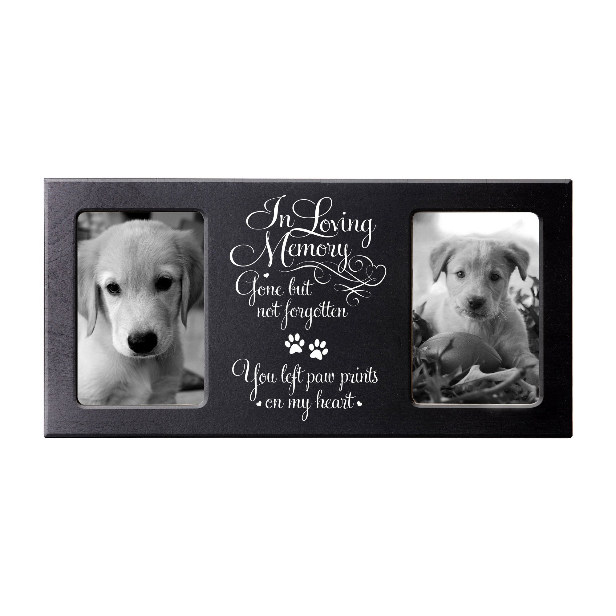 Black Pet Memorial Double 4x6 Picture Frame with phrase "Gone Yet Not Forgotten"