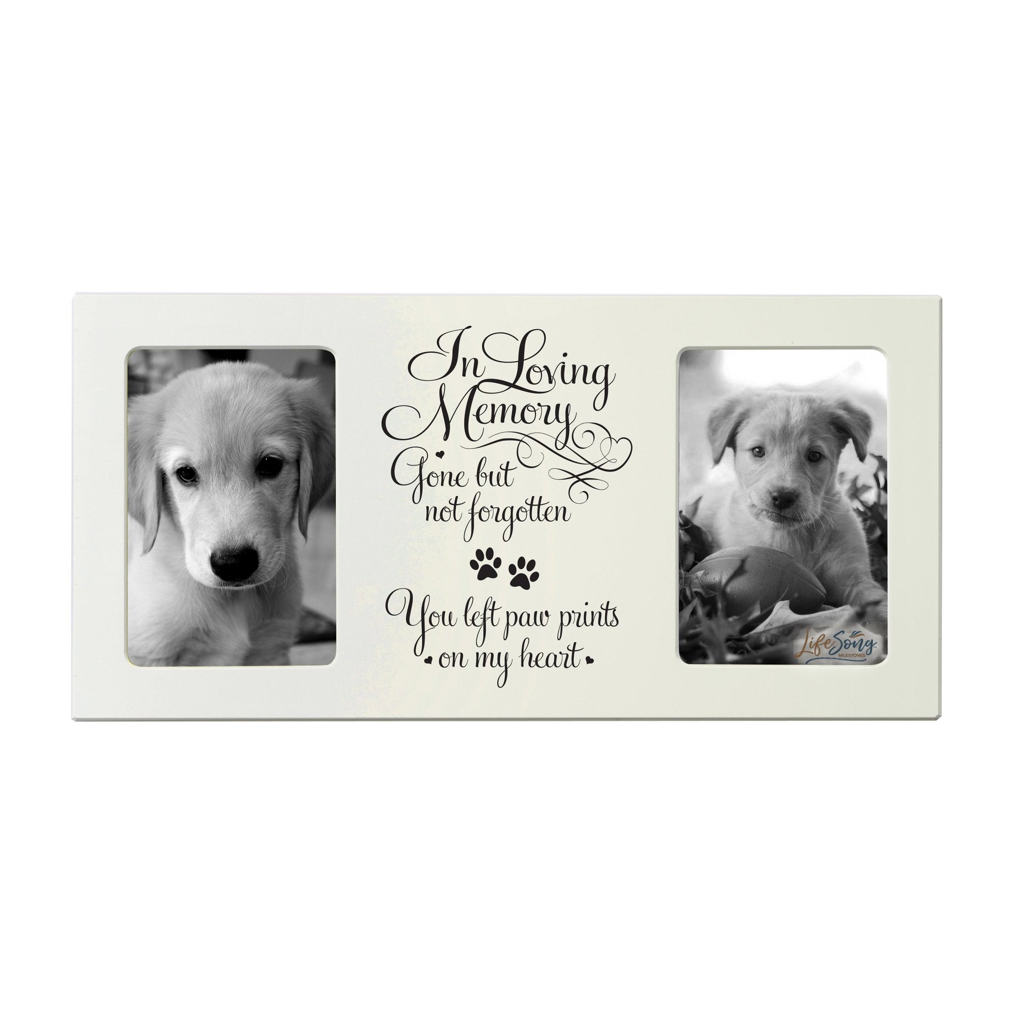 White Pet Memorial Double 4x6 Picture Frame with phrase "Gone Yet Not Forgotten"