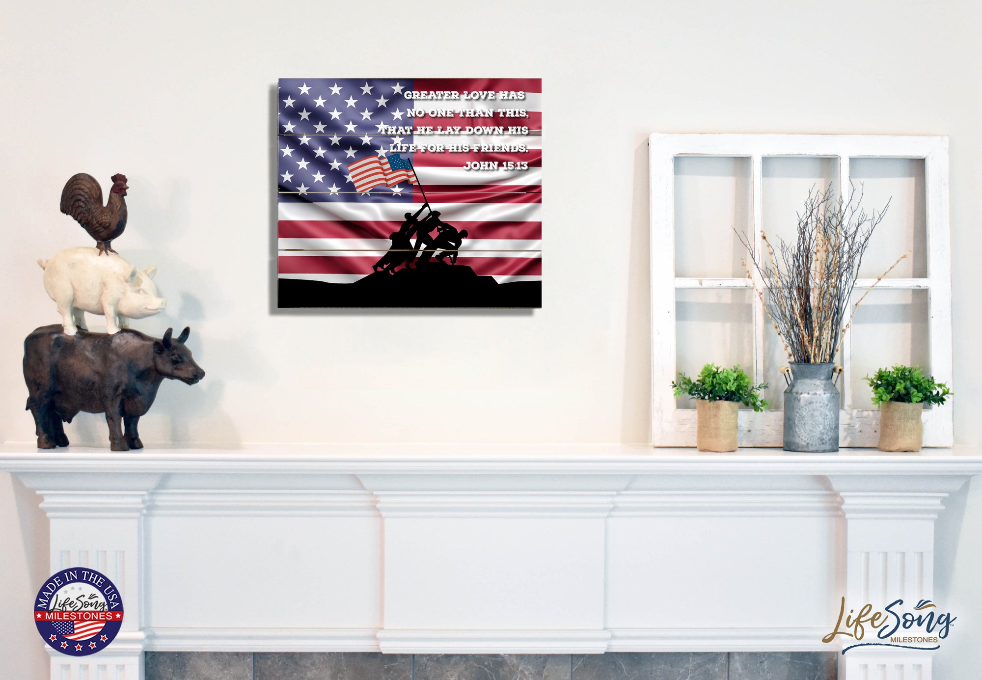 Wooden American Flag Patriotic Veteran Wall Sign Gift - Greater Love