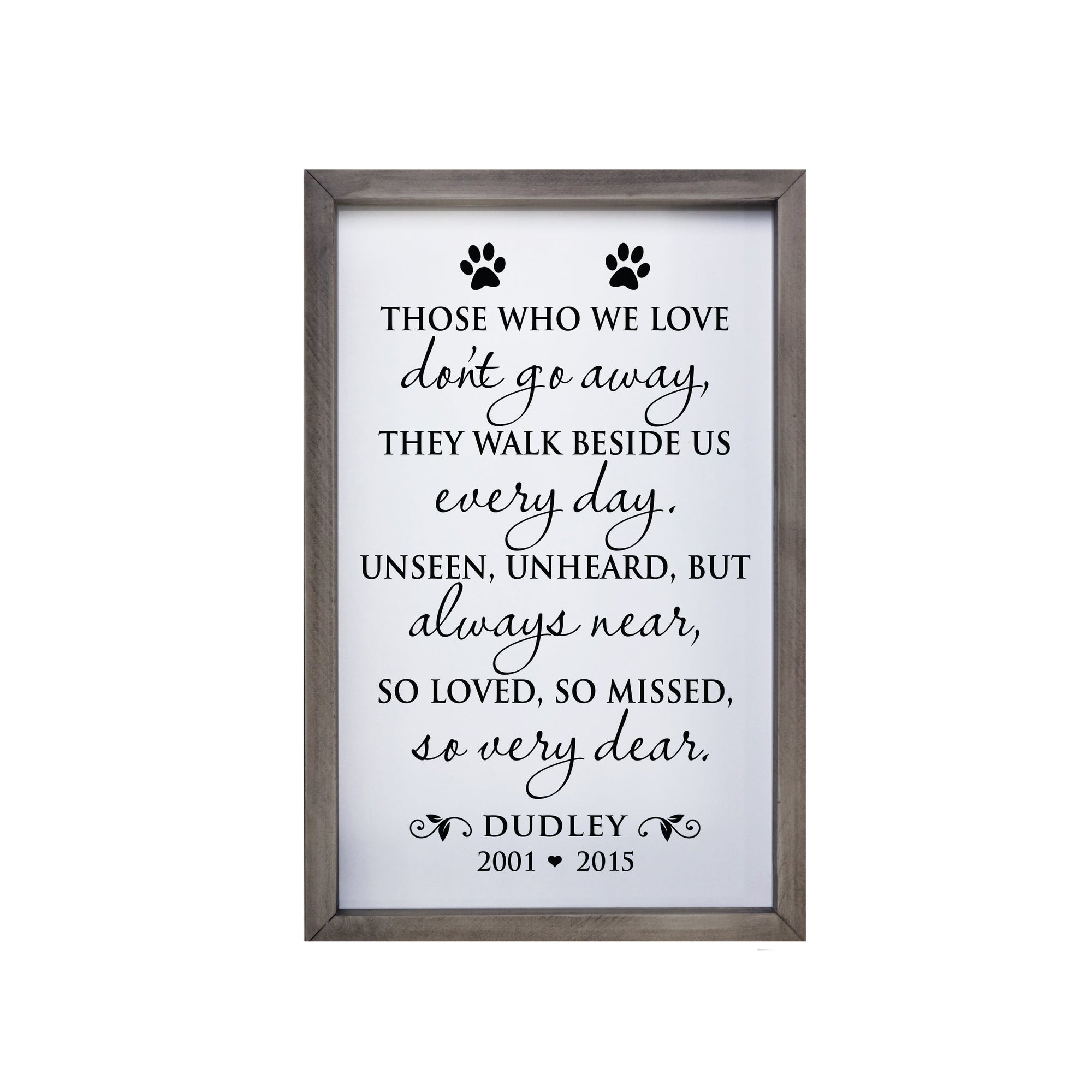 10x7 Grey Framed Pet Memorial Shadow Box with phrase "Those Who We Love Don't Go Away"