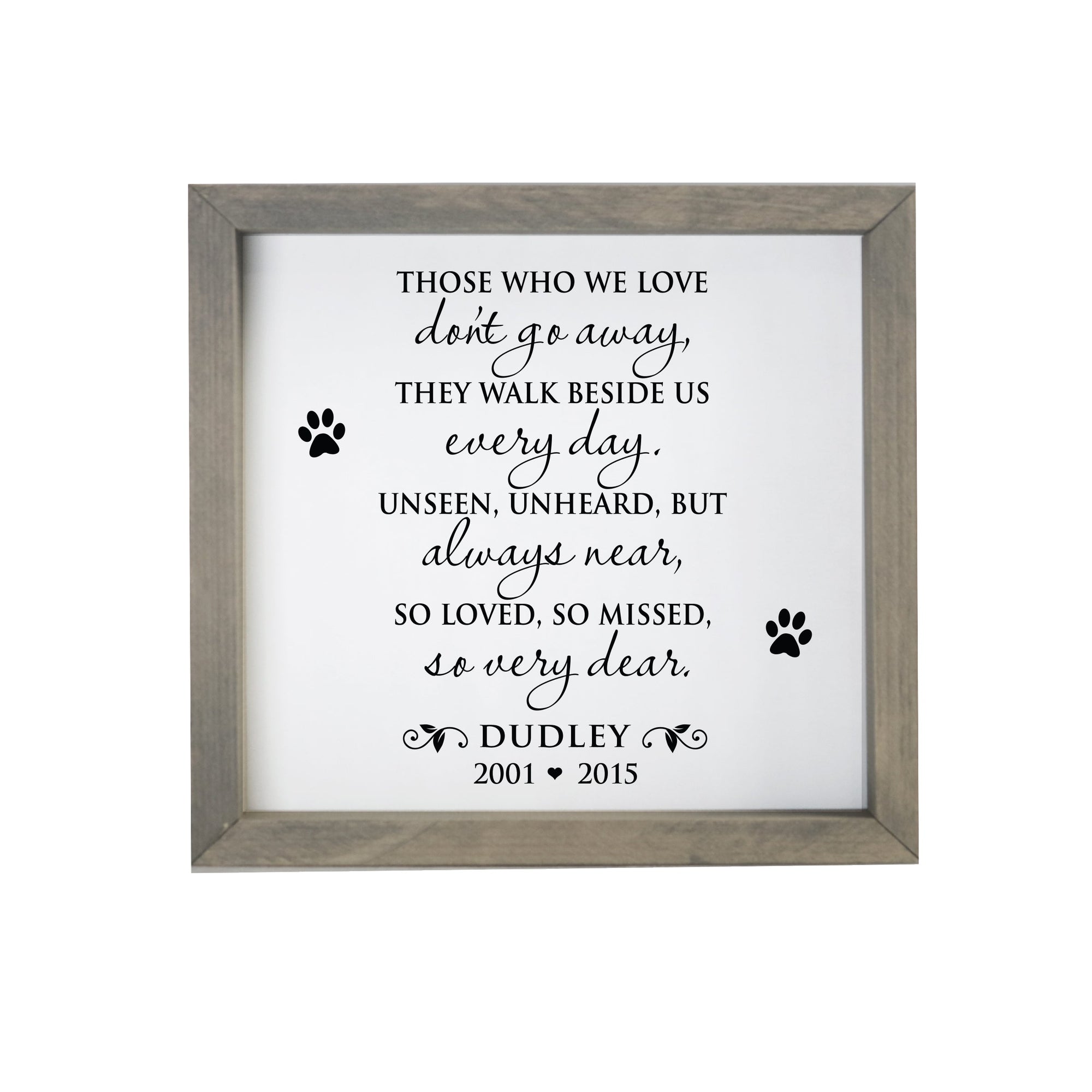 11.5x11.5 Grey Framed Pet Memorial Shadow Box with phrase "Those Who We Love Don't Go Away"