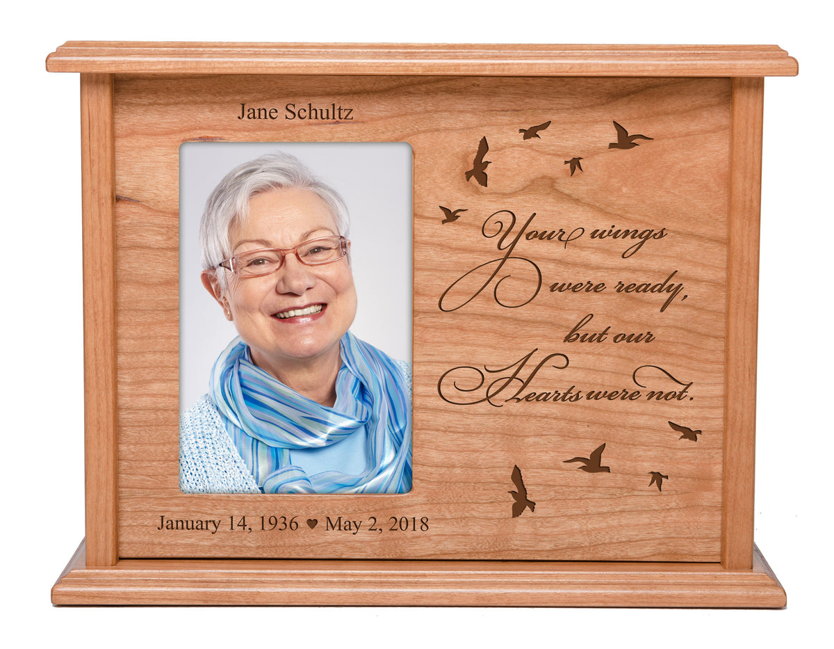 Custom Funeral Engraved Wooden Cremation Urn with Photograph for Adults