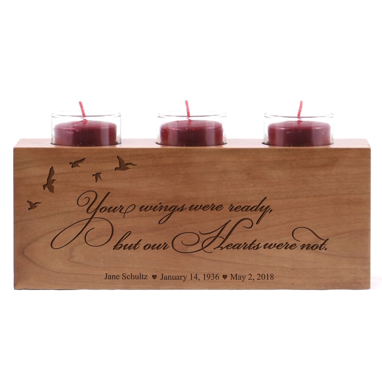 LifeSong Milestones Personalized Your Wings Were Ready Memorial Sympathy Keepsake Funeral Candle Holder Custom Engraved Cherry and MapleWood Ideas for In Memory of A Loved One 4” x 3” x 10”