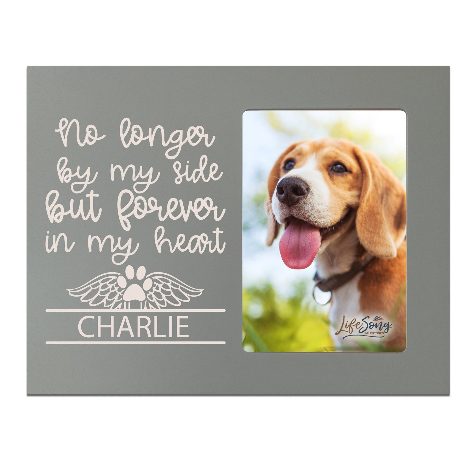 8x10 Grey Pet Memorial Picture Frame with the phrase "No Longer By My Side"