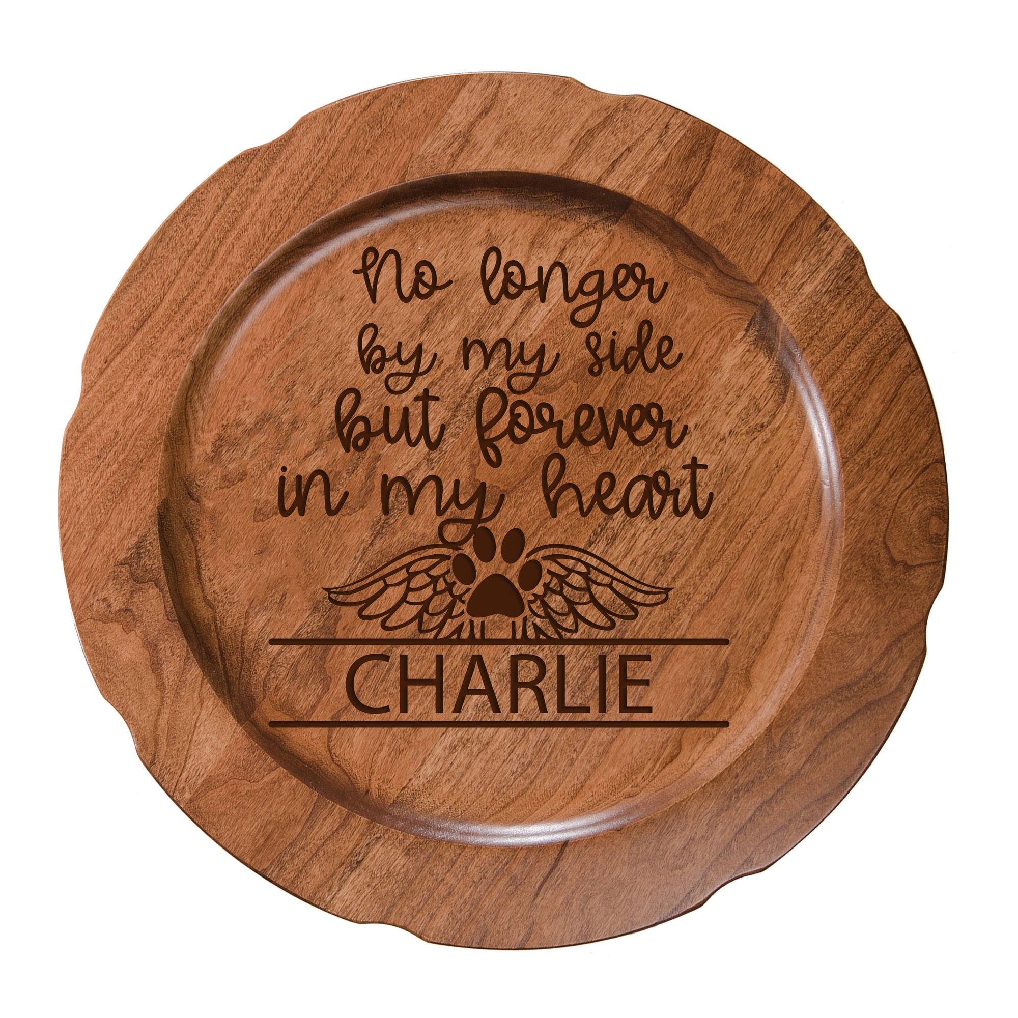 12" Cherry Pet Memorial Plate with phrase "No Longer By My Side"