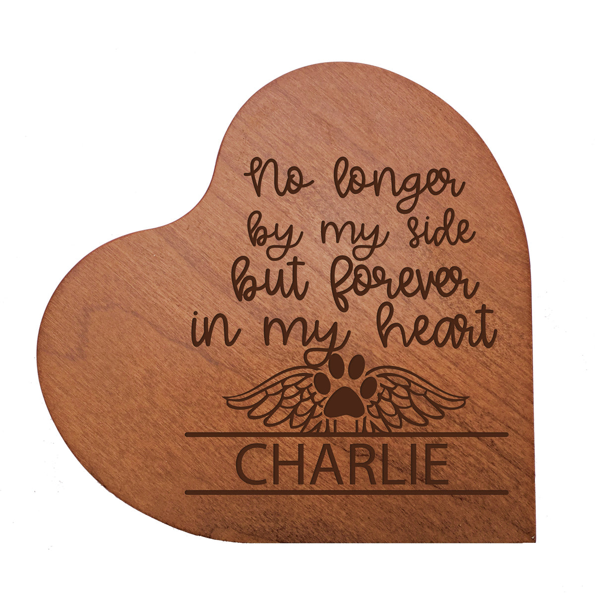 Cherry Pet Memorial Heart Block Decor with phrase &quot;No Longer By My Side&quot;