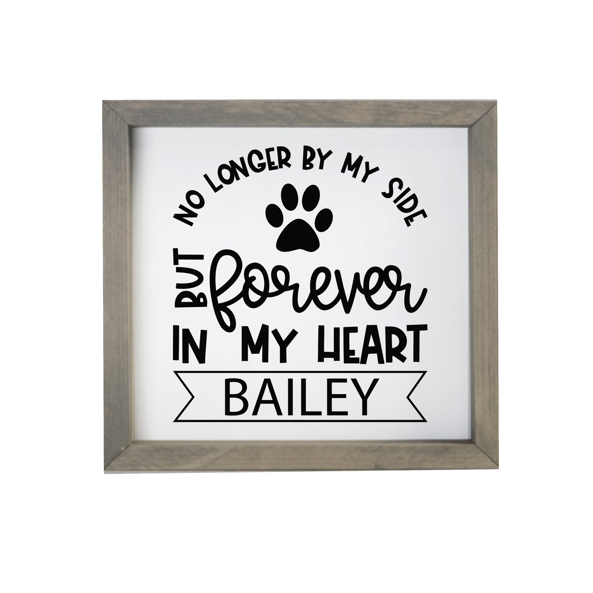 11.5x11.5 Grey Framed Pet Memorial Shadow Box with phrase "No Longer By My Side"
