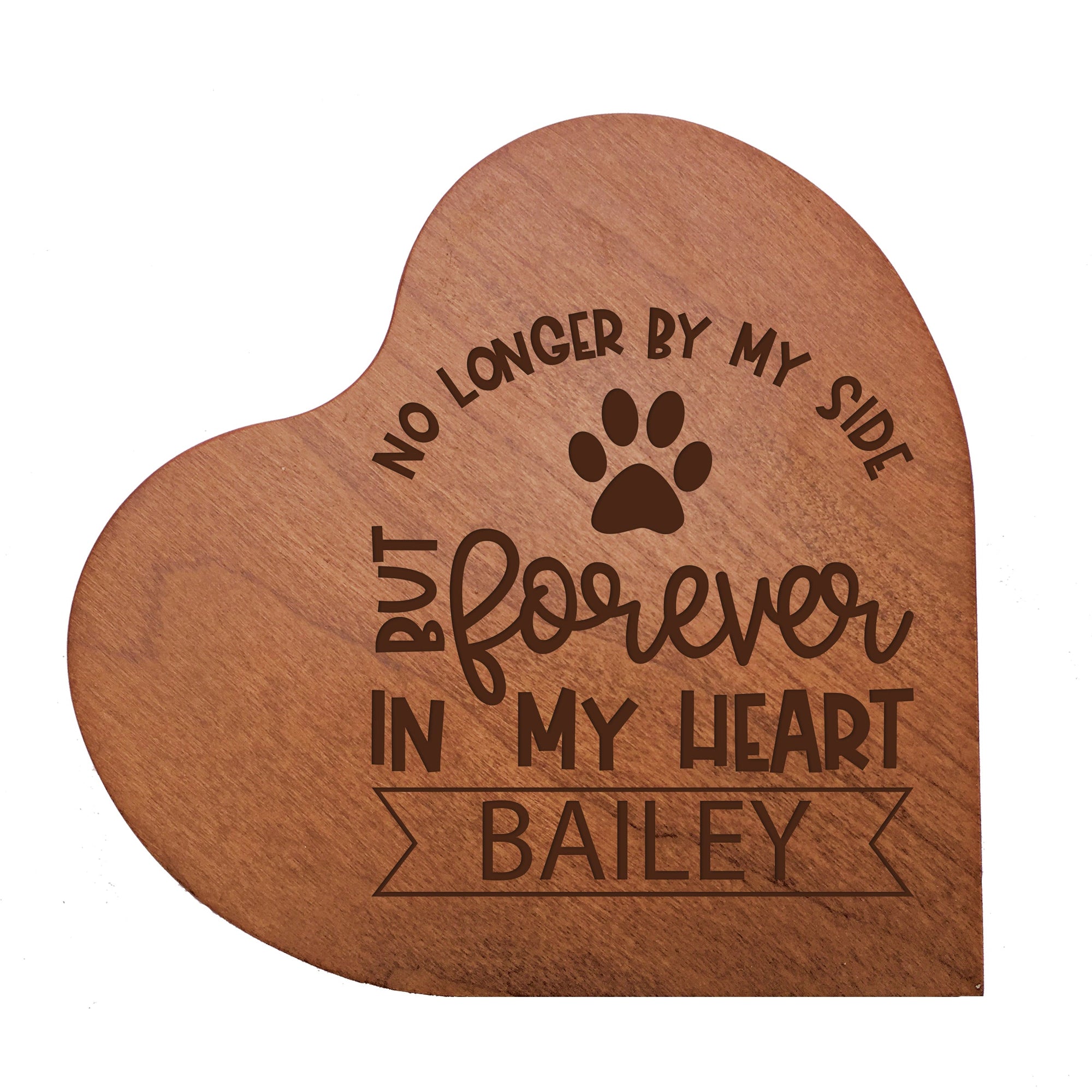 Cherry Pet Memorial Heart Block Decor with phrase "No Longer By My Side"