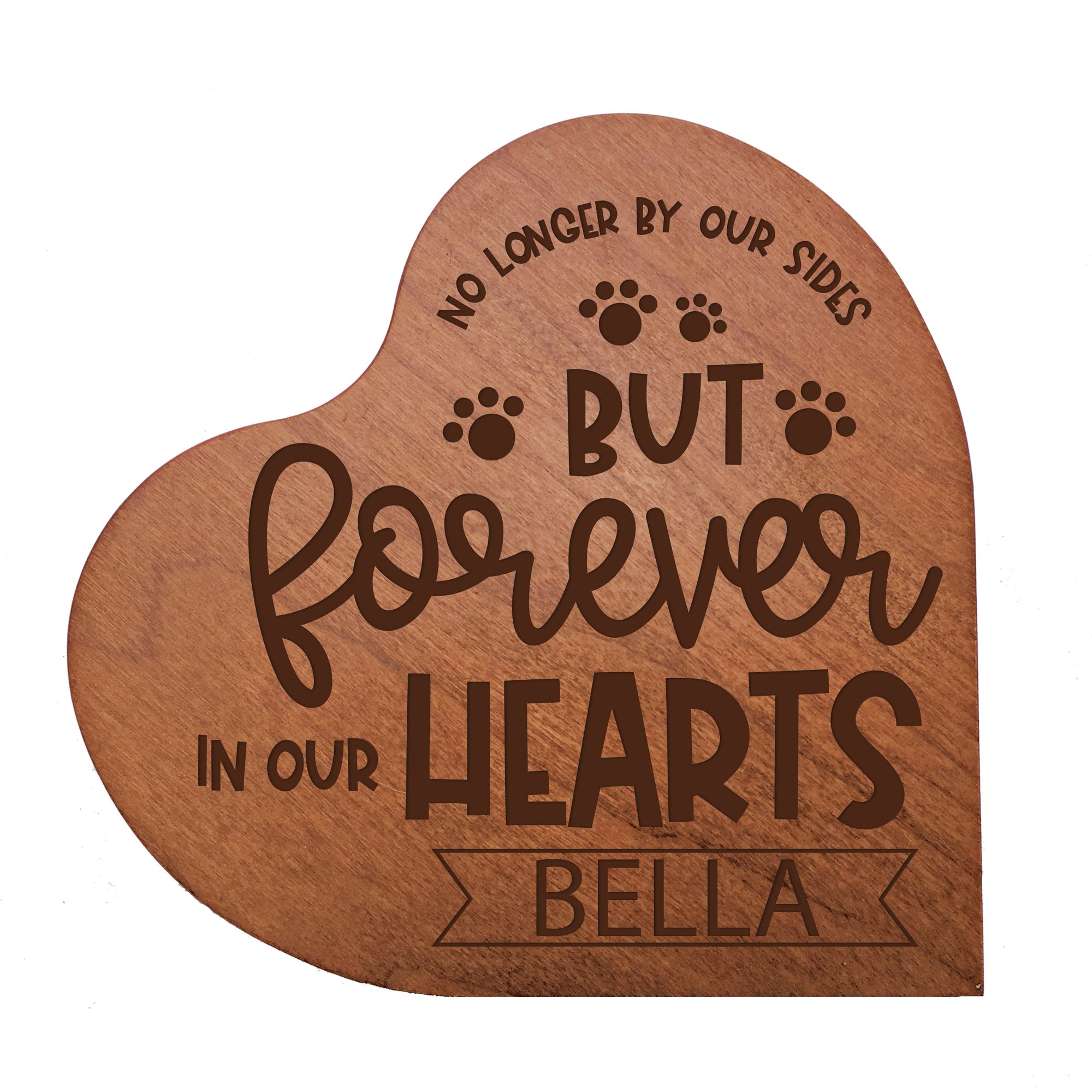 Cherry Pet Memorial Heart Block Decor with phrase "No Longer By Our Sides"
