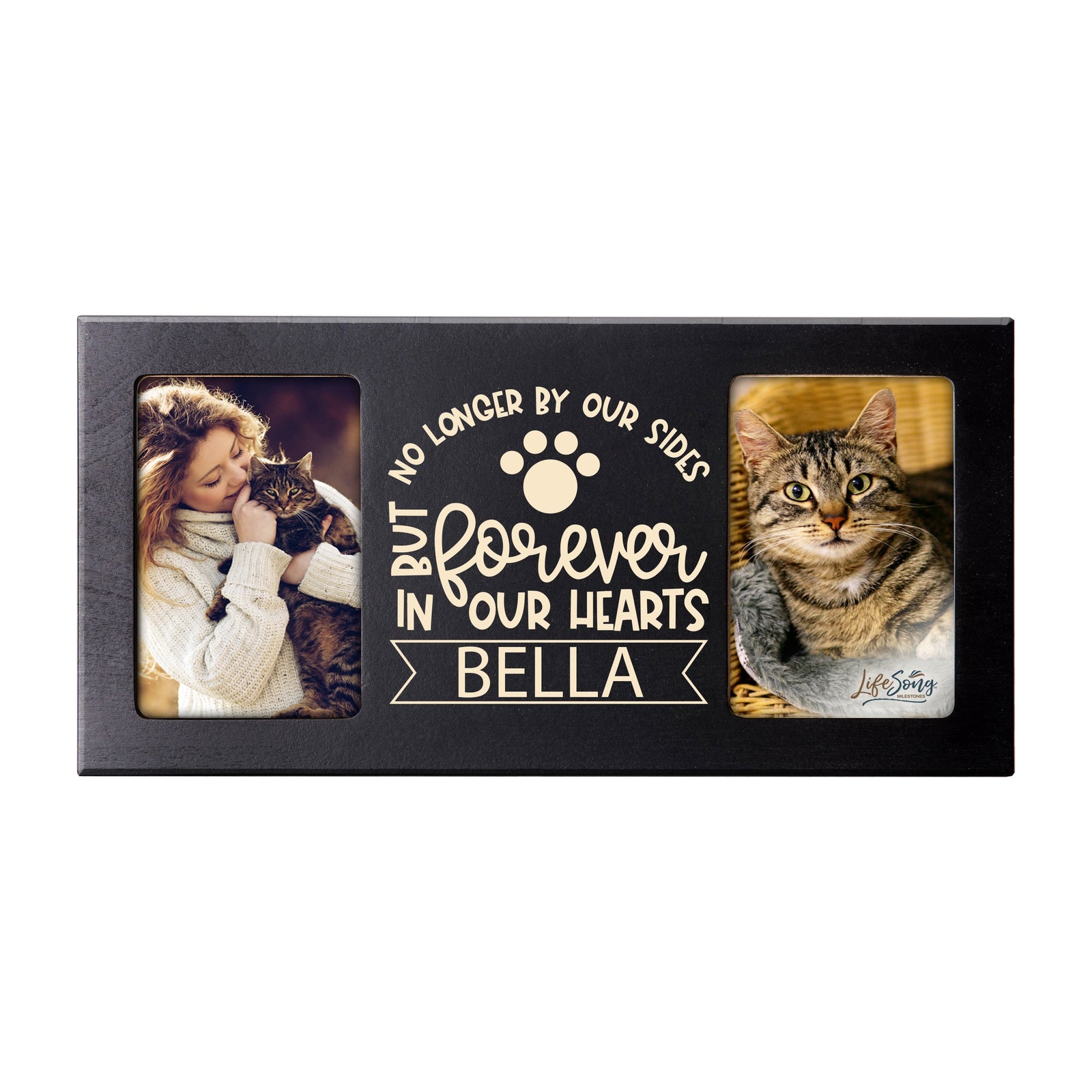 Black Pet Memorial Double 4x6 Picture Frame with phrase "No Longer By Our Sides"