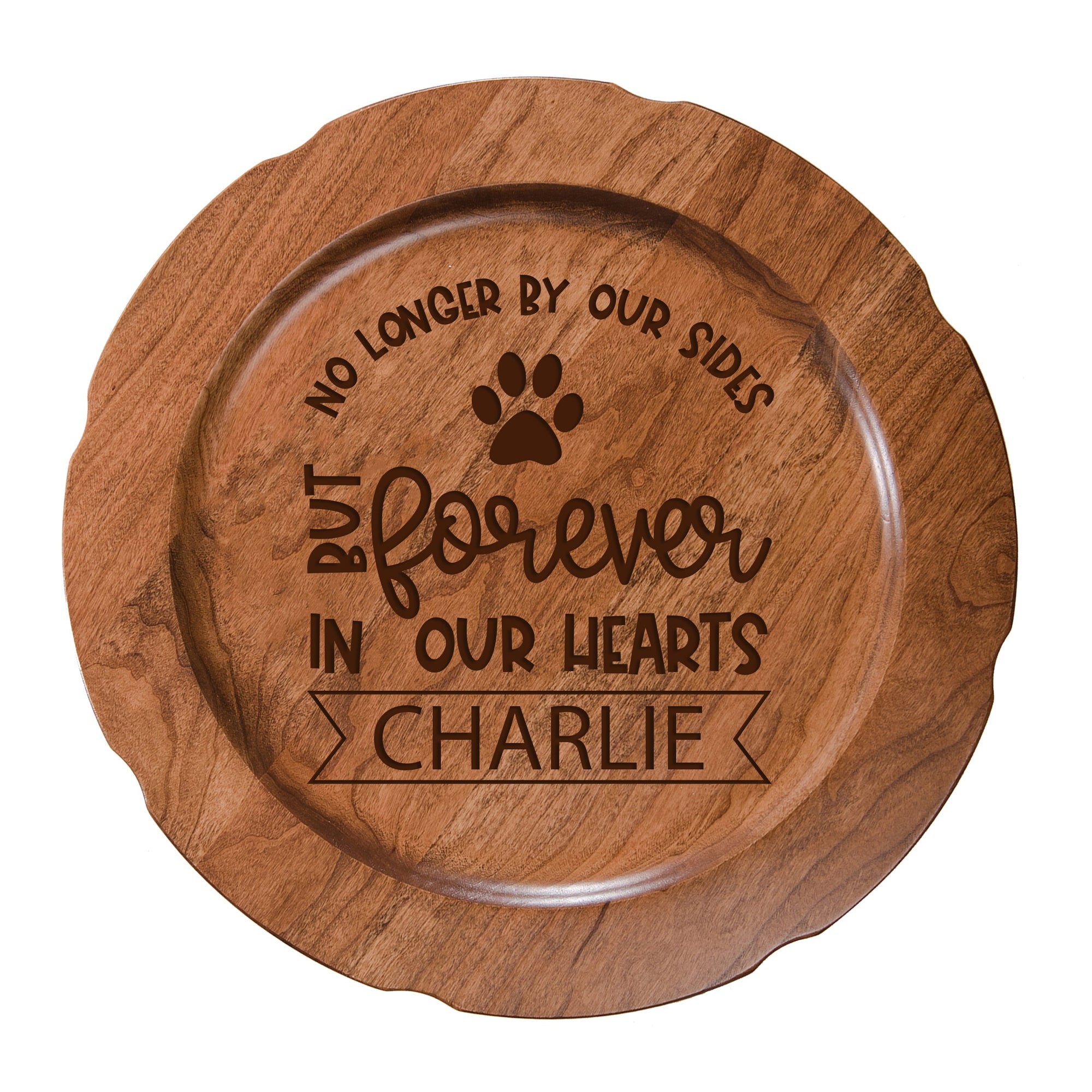 12" Cherry Pet Memorial Plate with phrase "No Longer By Our Side"