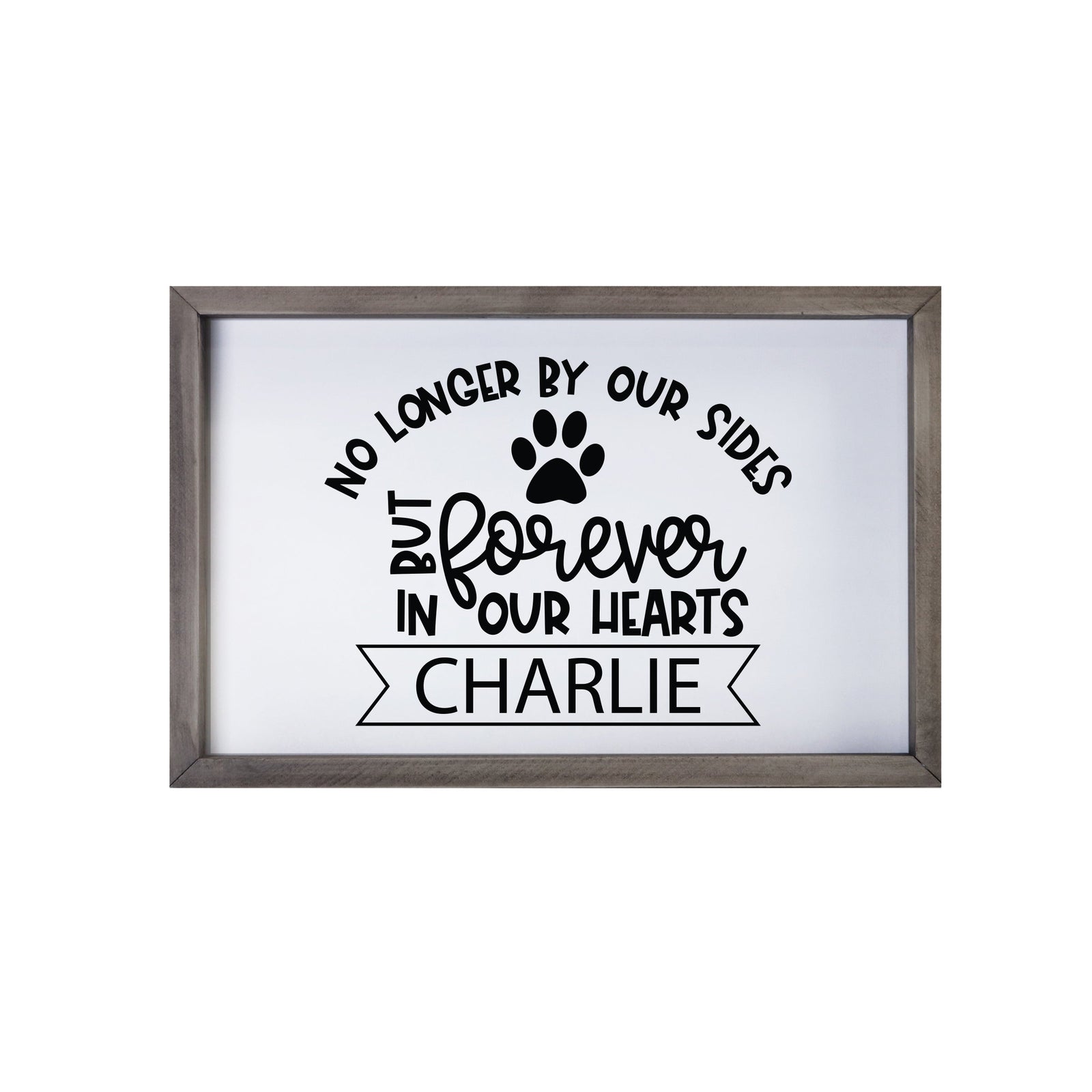 7x10 Grey Framed Pet Memorial Shadow Box with phrase "No Longer By Our Sides"