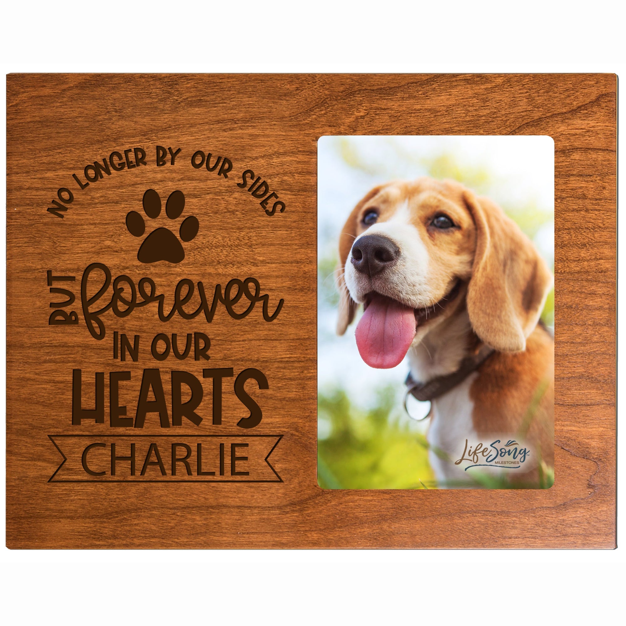 8x10 Cherry Pet Memorial Picture Frame with the phrase "No Longer By Our Sides But Forever In Our Hearts"